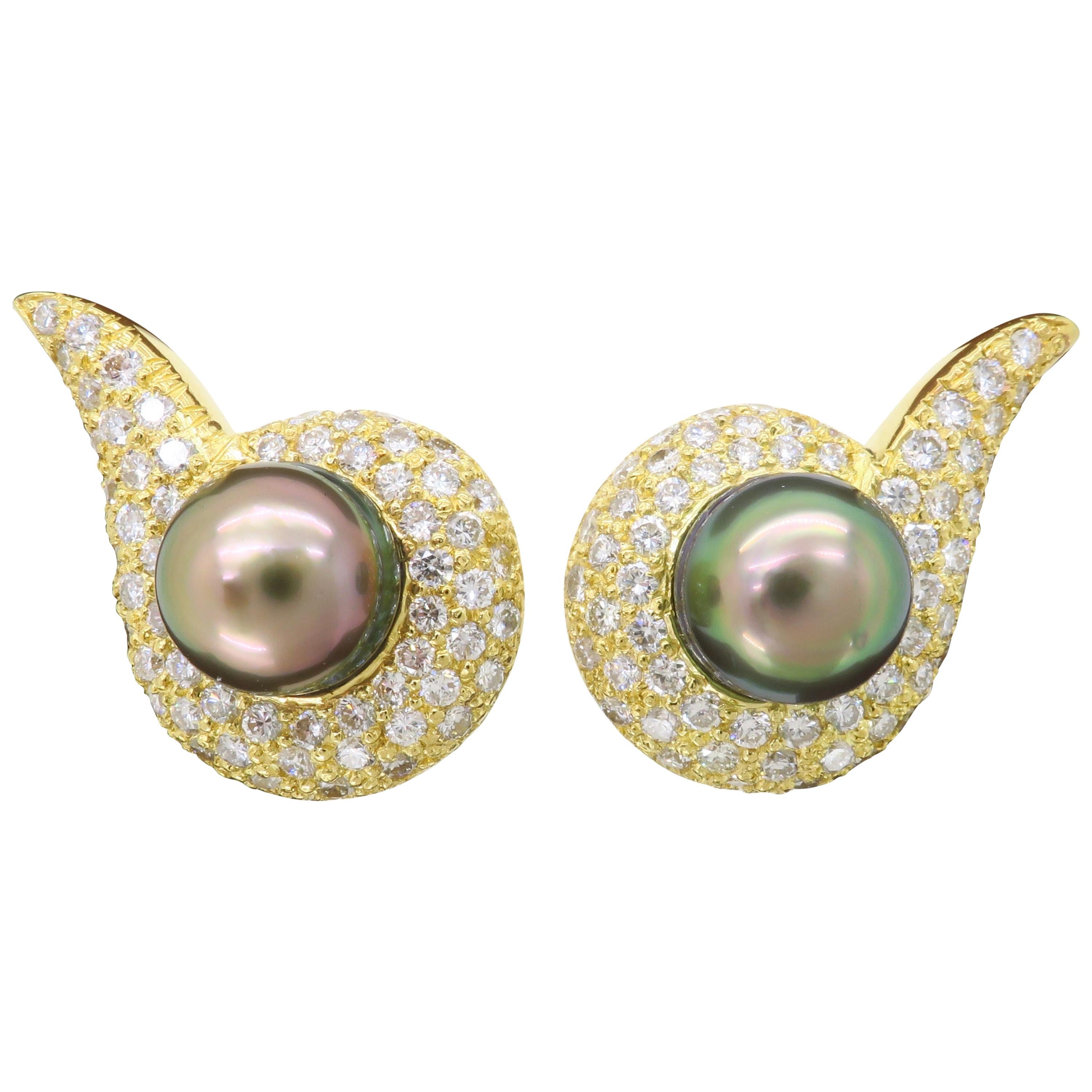 18 Karat Yellow Gold Tahitian Pearl and Diamond Omega Back Earrings For Sale