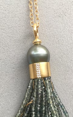 18 Karat Yellow Gold Tahitian Pearl Green Sapphire Tassel Necklace