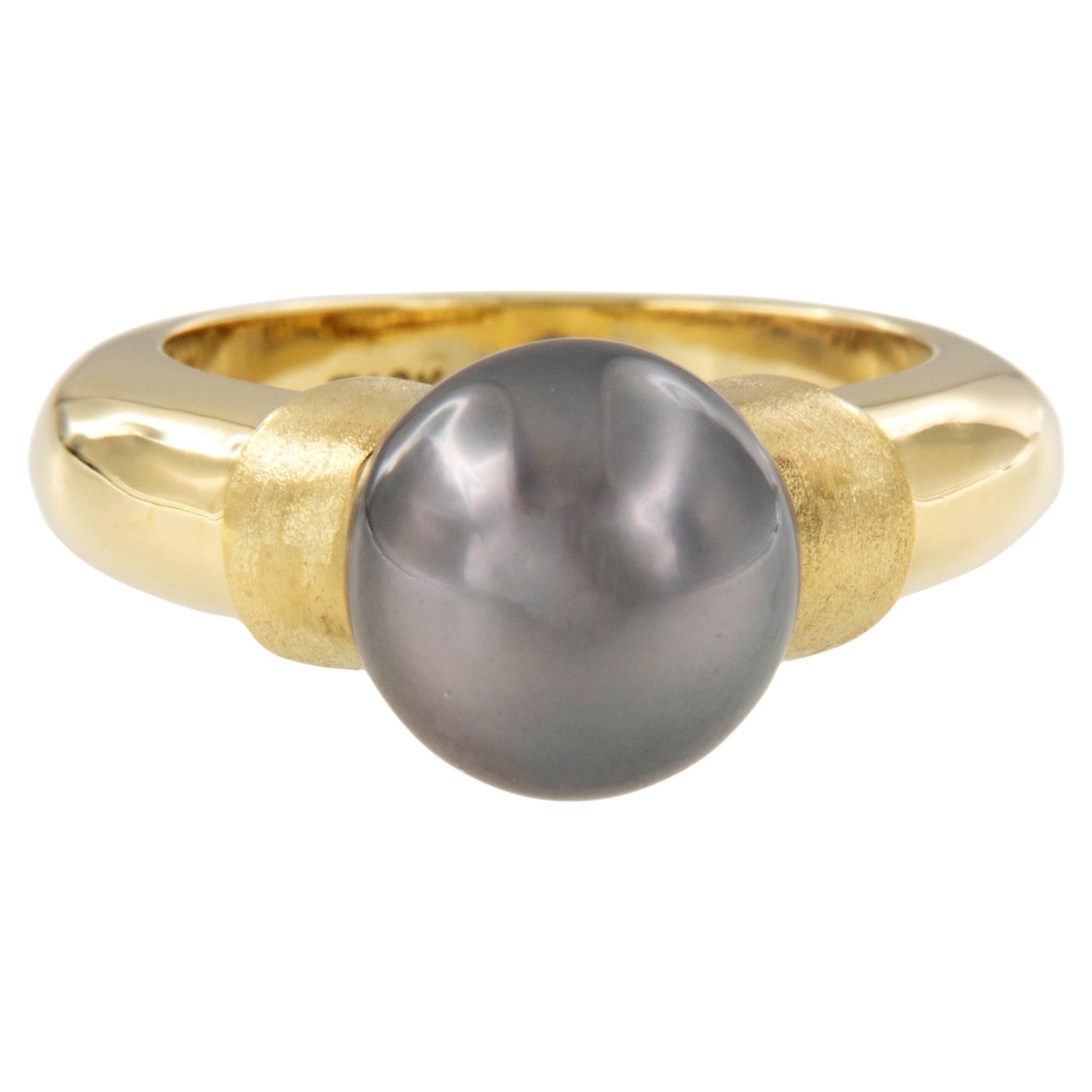 Bague solitaire en or jaune 18 carats avec perle de Tahiti par ASBA en vente