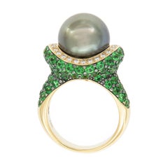 18 Karat Yellow Gold Tahitian Pearl Tsavorite Diamond Ring
