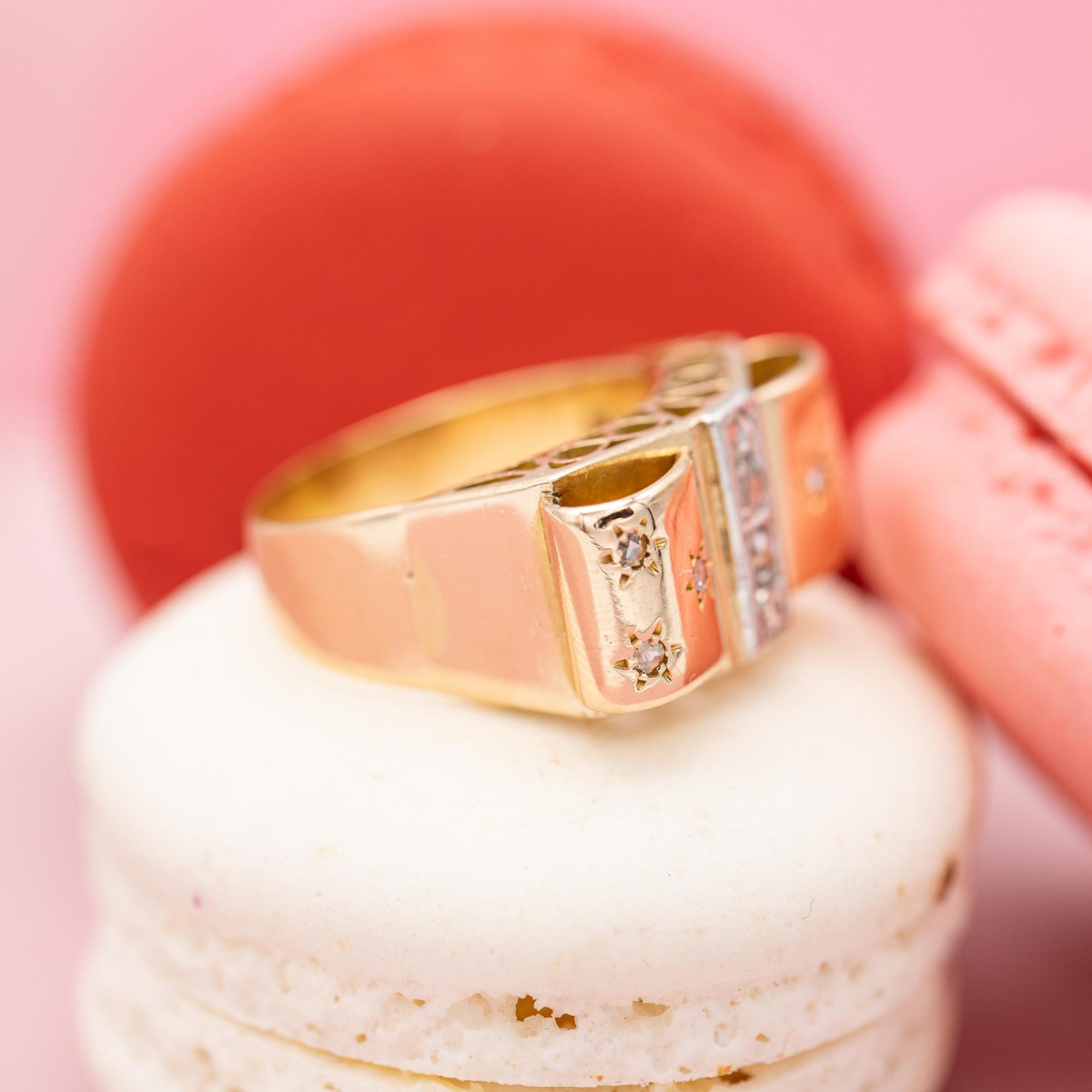 18 karat yellow gold tank ring - rose cut diamond - Retro bow ring with stars 4
