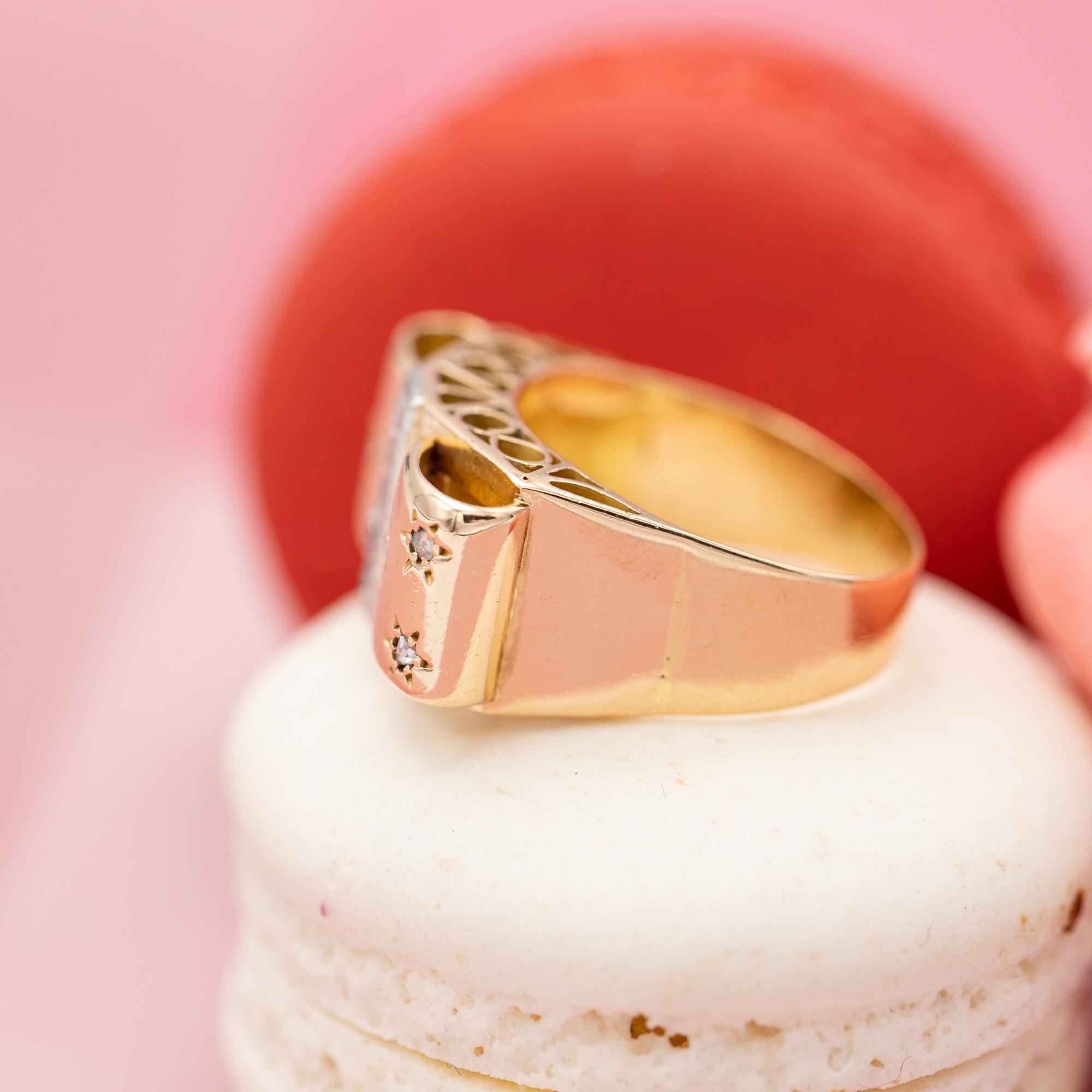 18 karat yellow gold tank ring - rose cut diamond - Retro bow ring with stars 5