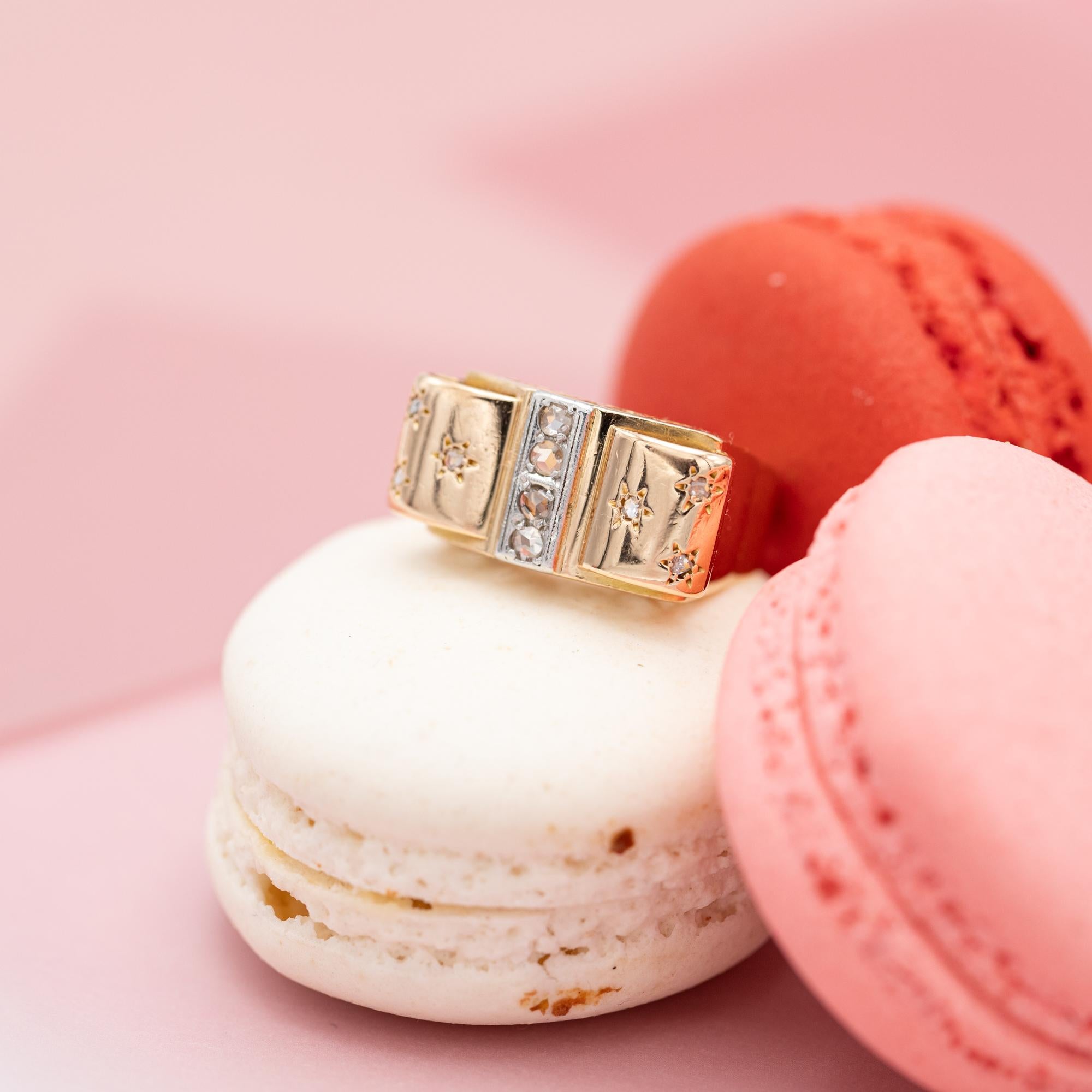 18 karat yellow gold tank ring - rose cut diamond - Retro bow ring with stars 6