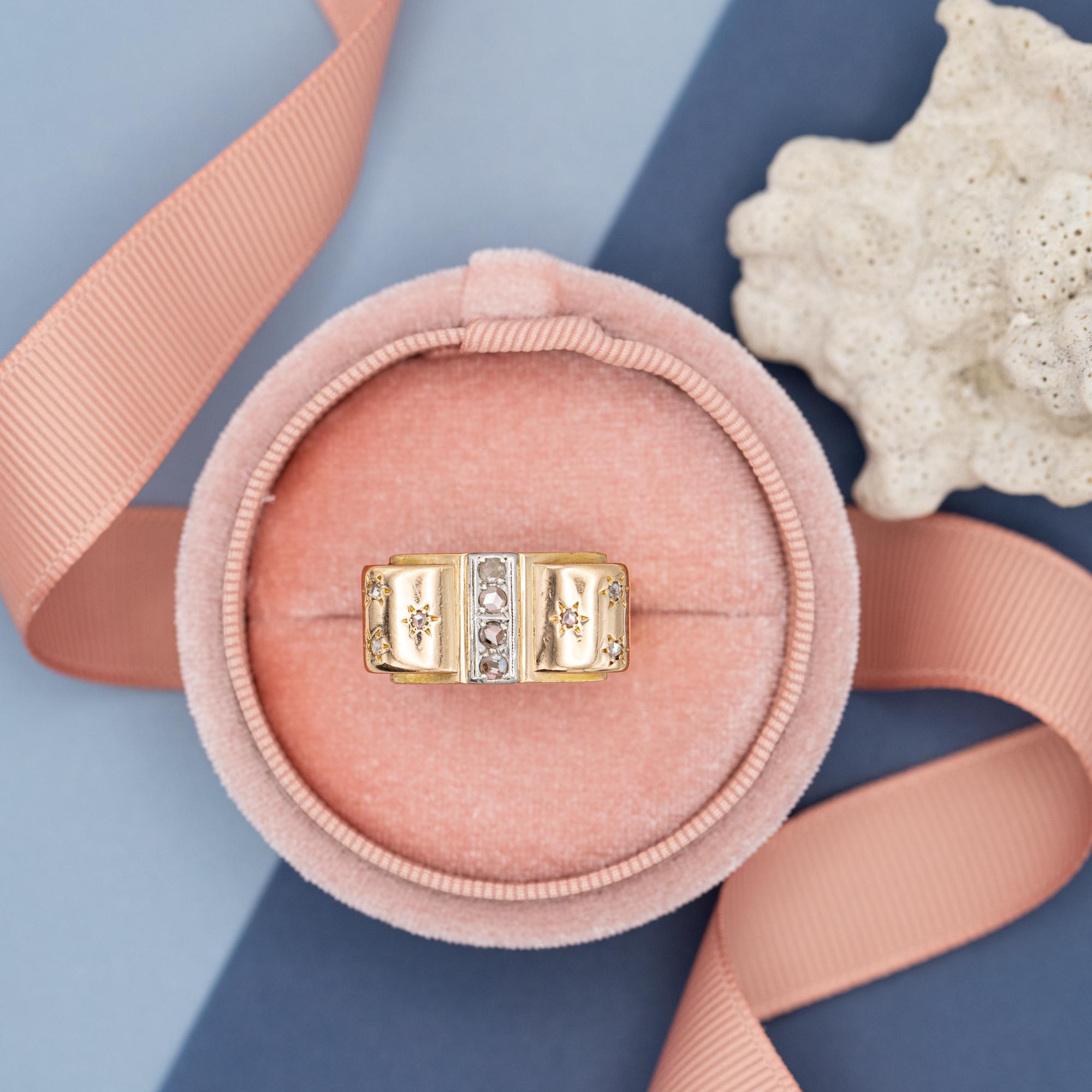 18 karat yellow gold tank ring - rose cut diamond - Retro bow ring with stars 7