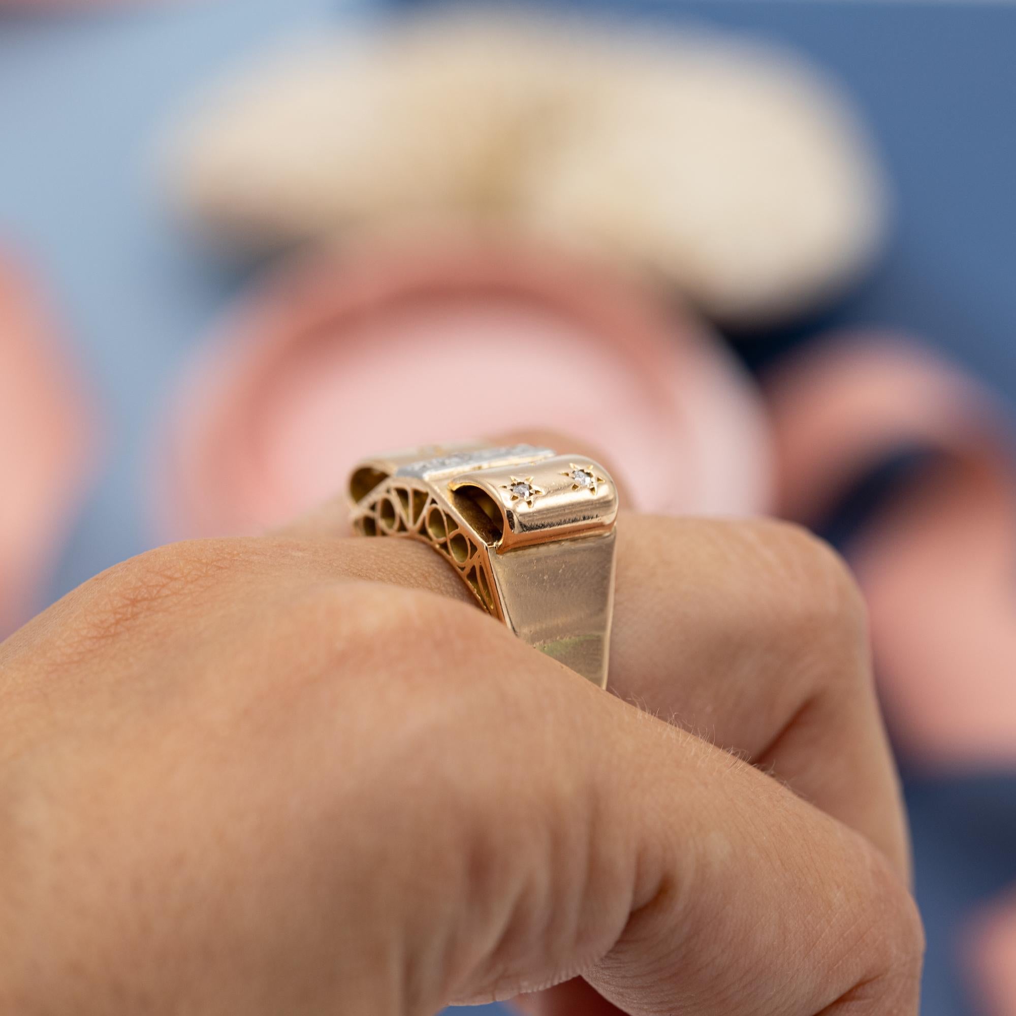18 karat yellow gold tank ring - rose cut diamond - Retro bow ring with stars 8