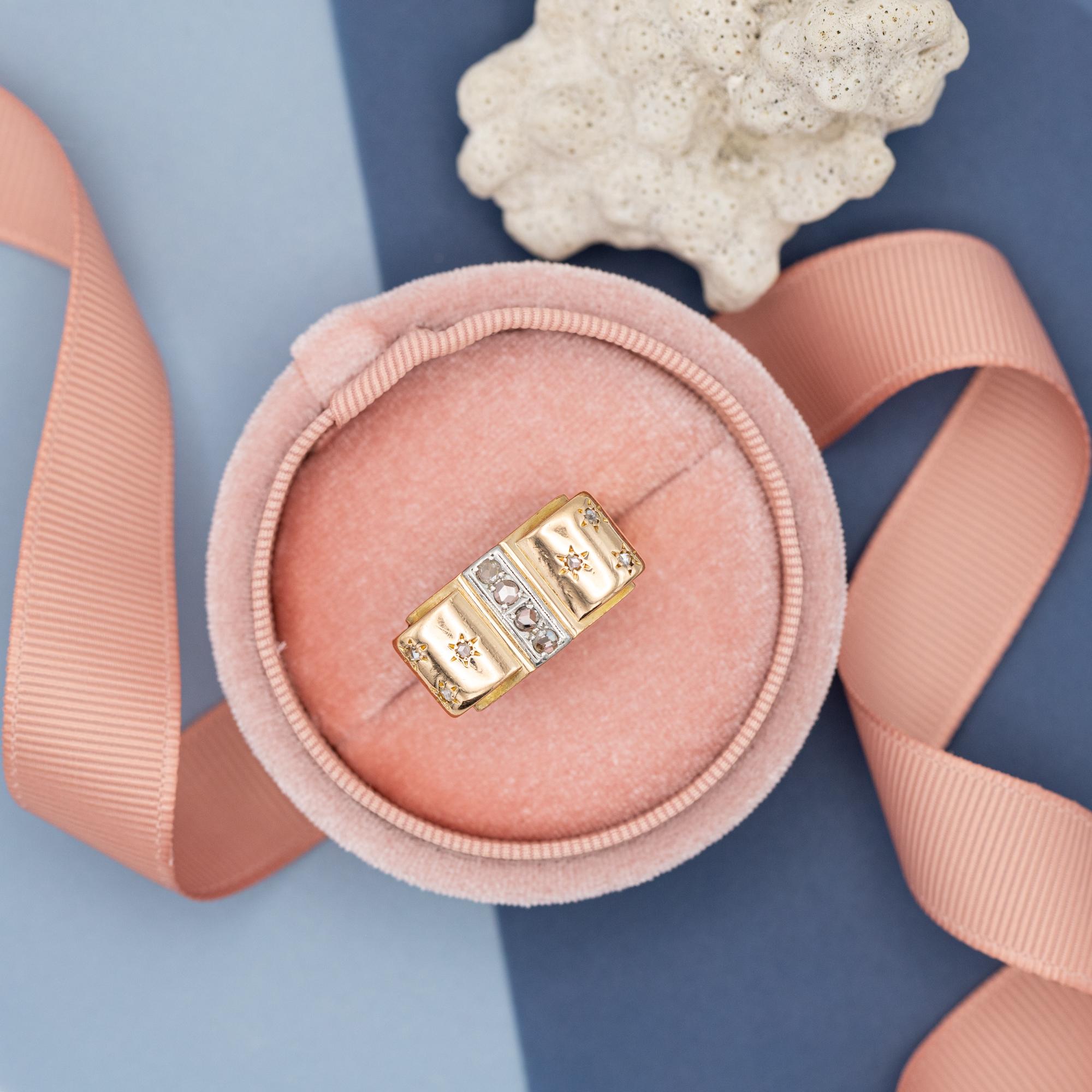 For sale is this lovely bulky Rose Cut diamond ring. This Tank ring is made in 18 karat rose gold and set with ten rose cut diamonds. This type of ring is called a Tank ring thanks to to the Tanks of the Second World War. These tank rings where