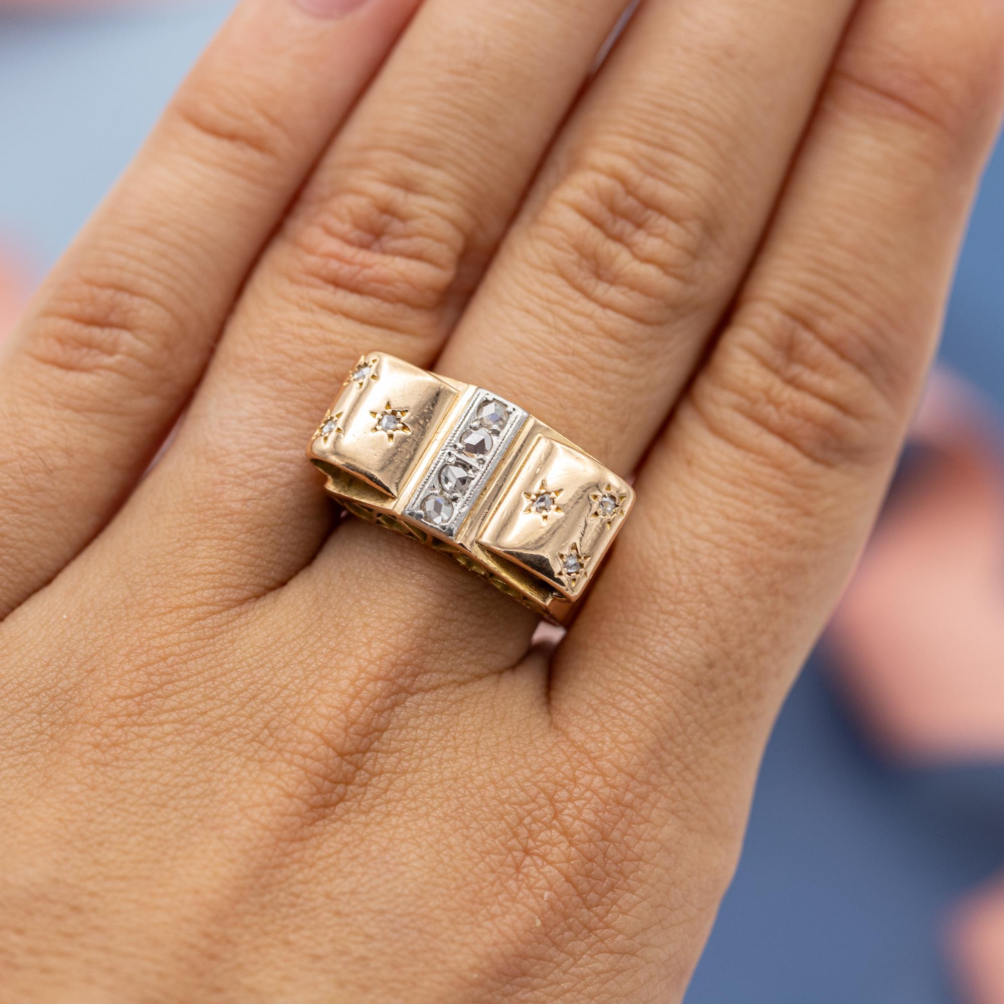 Post-War 18 karat yellow gold tank ring - rose cut diamond - Retro bow ring with stars