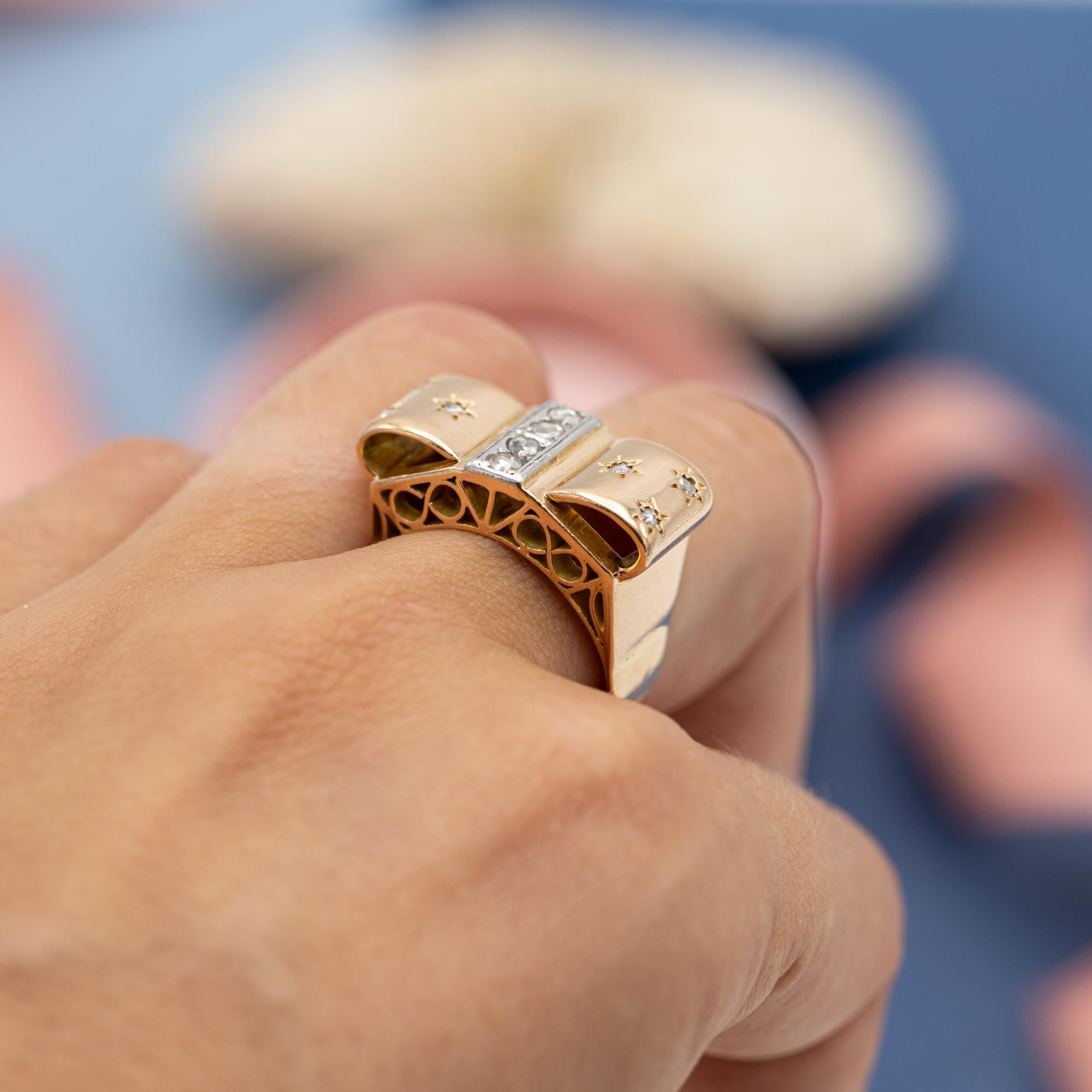 Rose Cut 18 karat yellow gold tank ring - rose cut diamond - Retro bow ring with stars