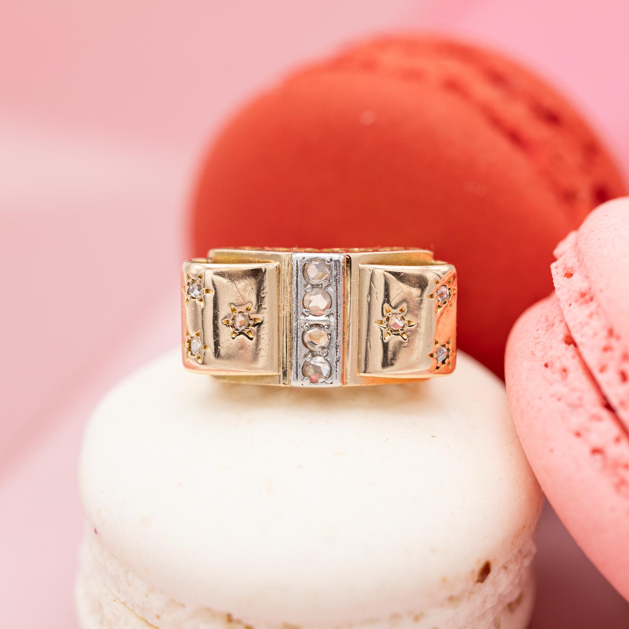 18 karat yellow gold tank ring - rose cut diamond - Retro bow ring with stars In Good Condition In Antwerp, BE