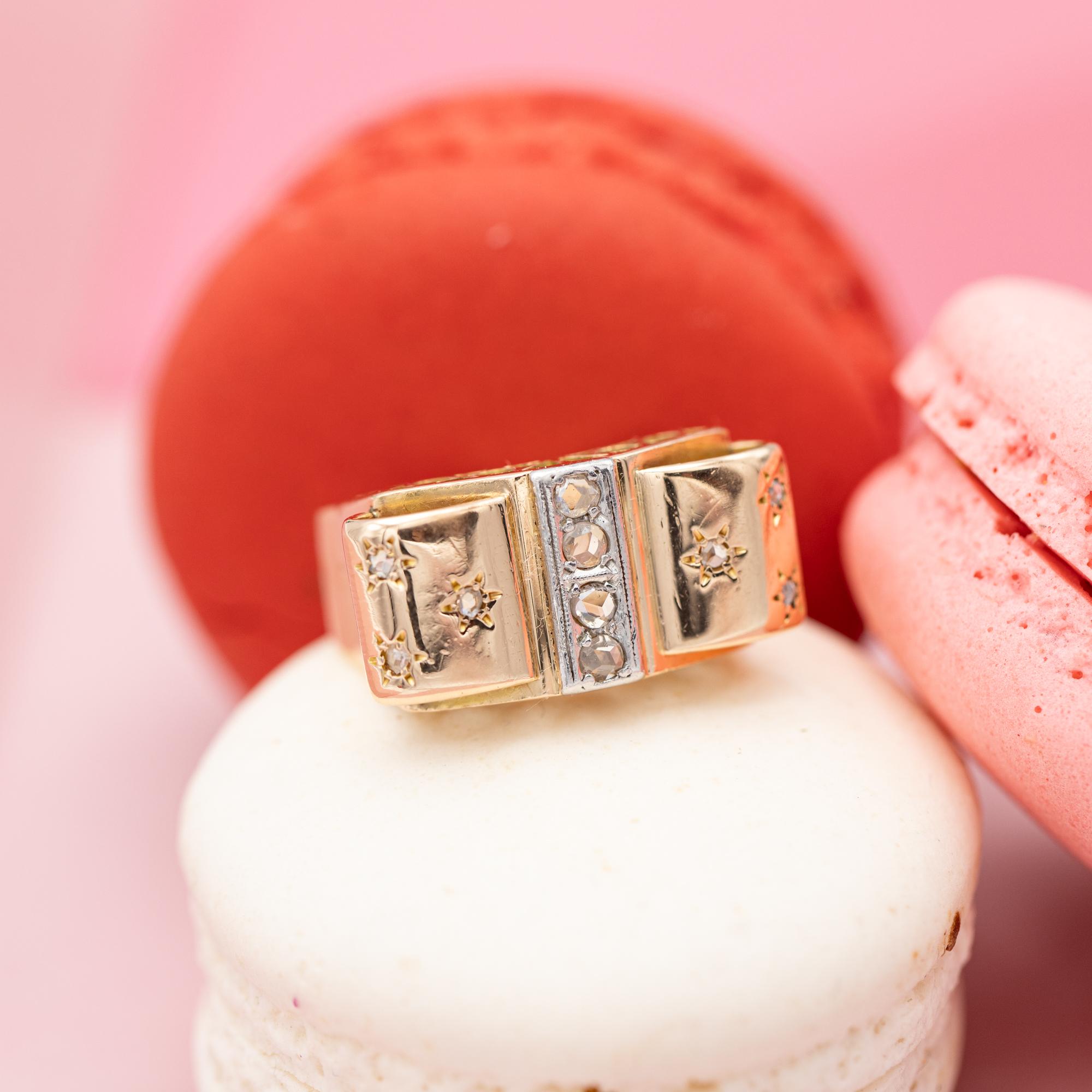 Women's or Men's 18 karat yellow gold tank ring - rose cut diamond - Retro bow ring with stars
