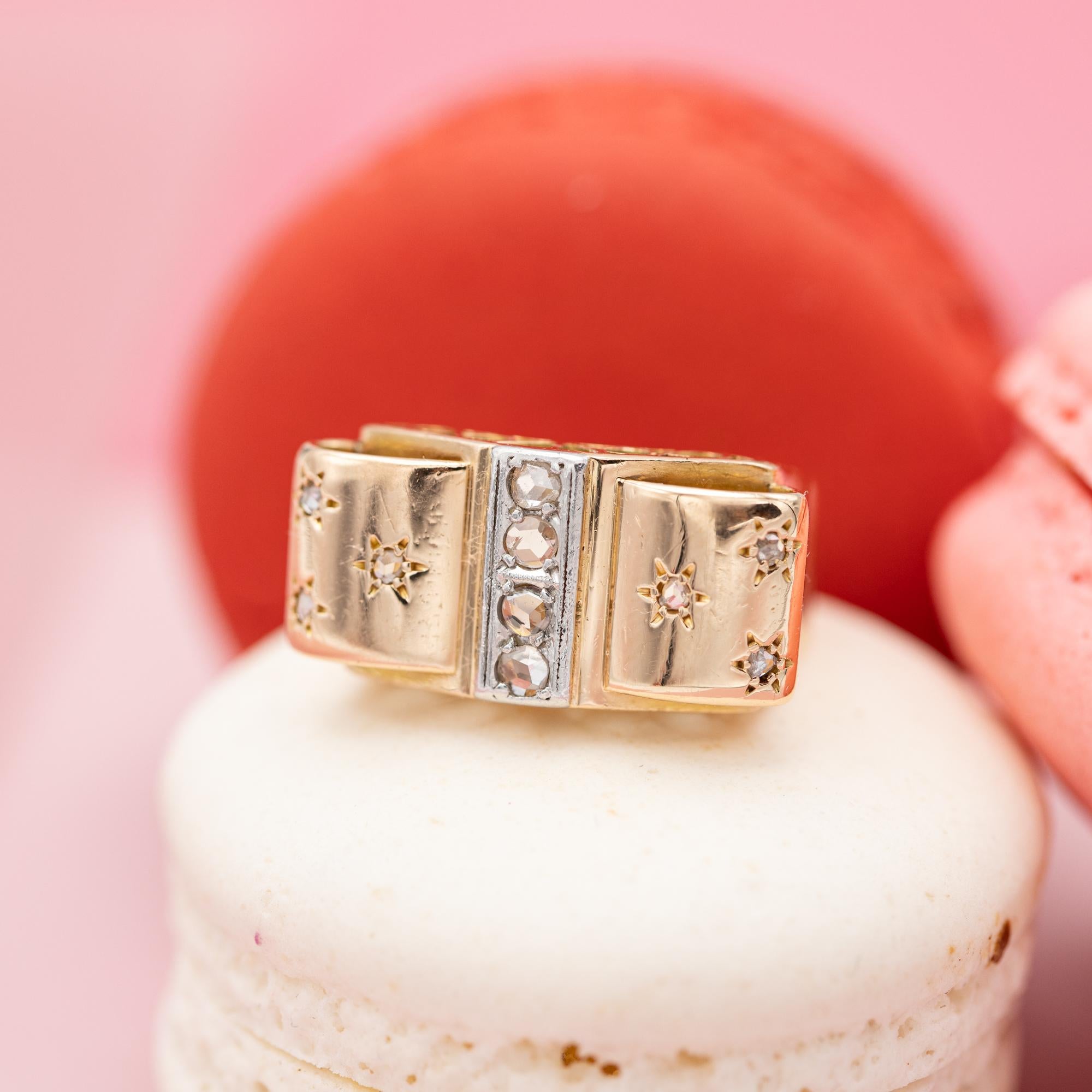 18 karat yellow gold tank ring - rose cut diamond - Retro bow ring with stars 1