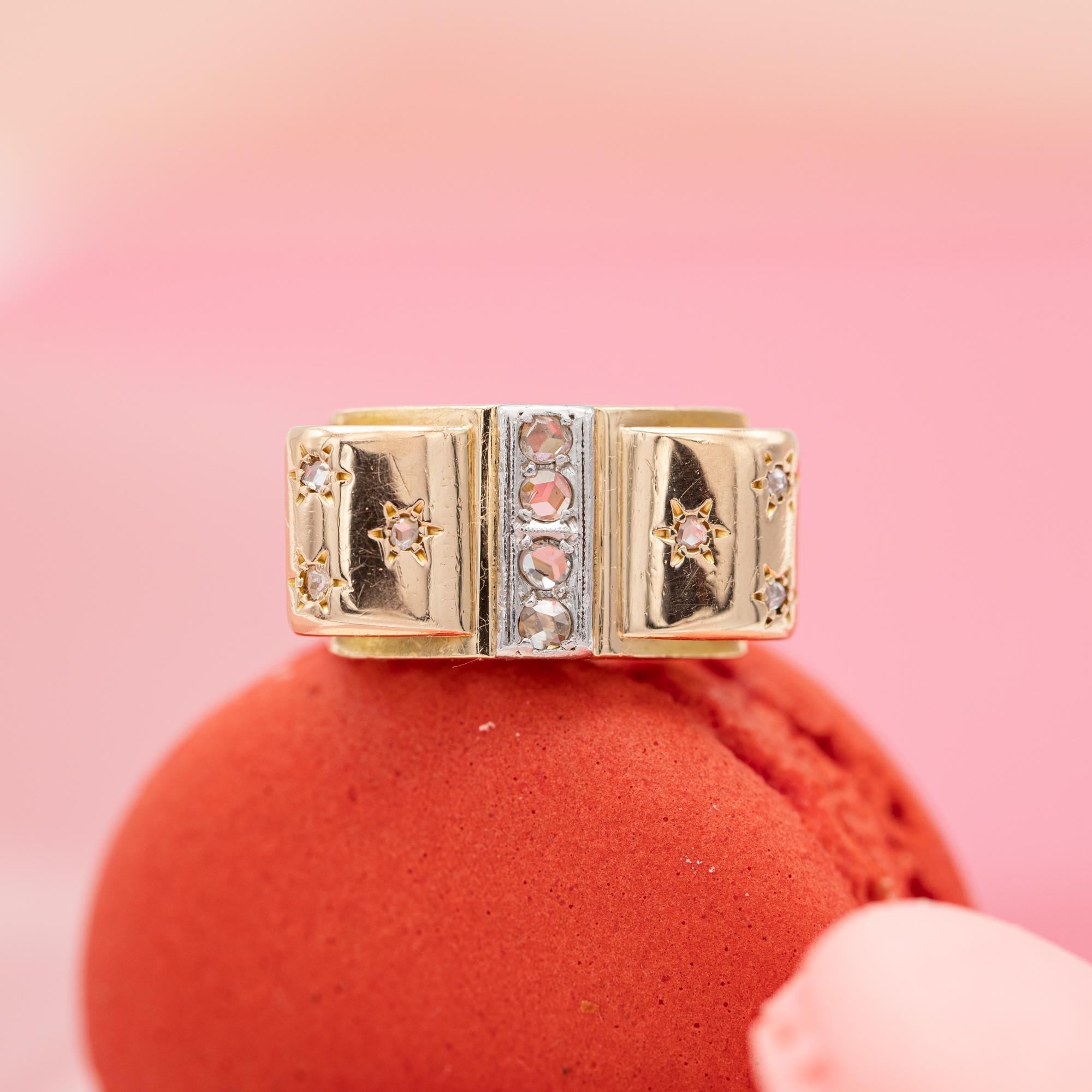 18 karat yellow gold tank ring - rose cut diamond - Retro bow ring with stars 2