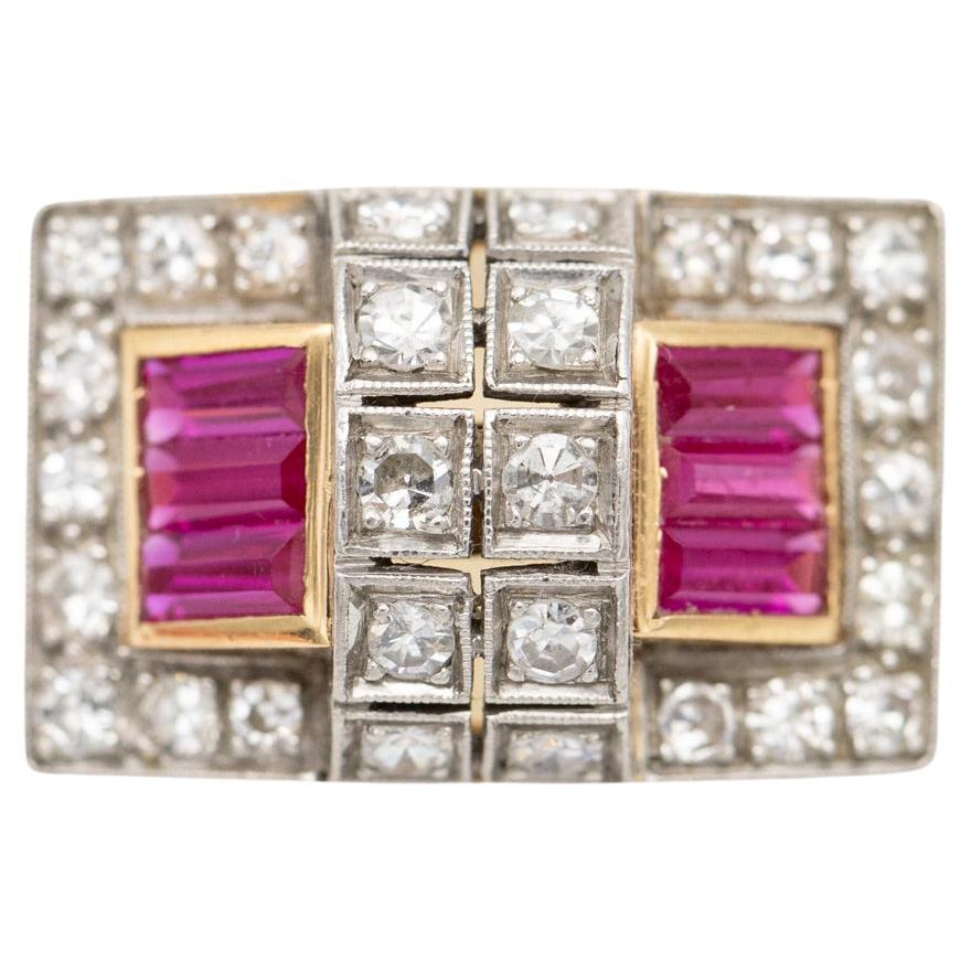 Anillo tanque de oro amarillo de 18 quilates - Rubí y diamante - Anillo lazo retro - Bombé vintage
