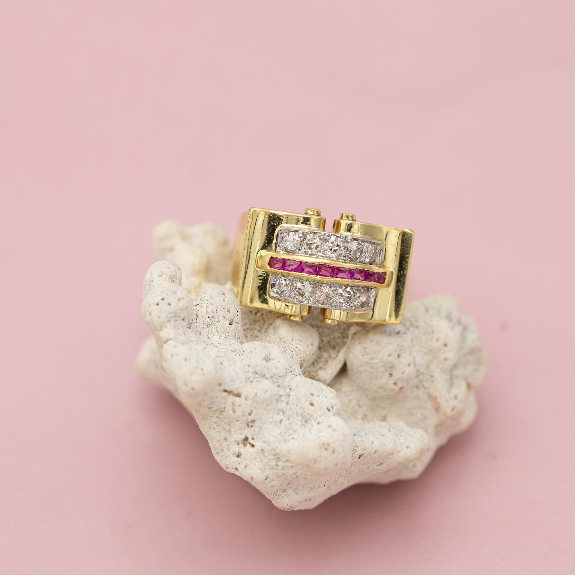 18 karat yellow gold tank ring - Ruby & old cut Diamond - Retro Vintage bow ring 4