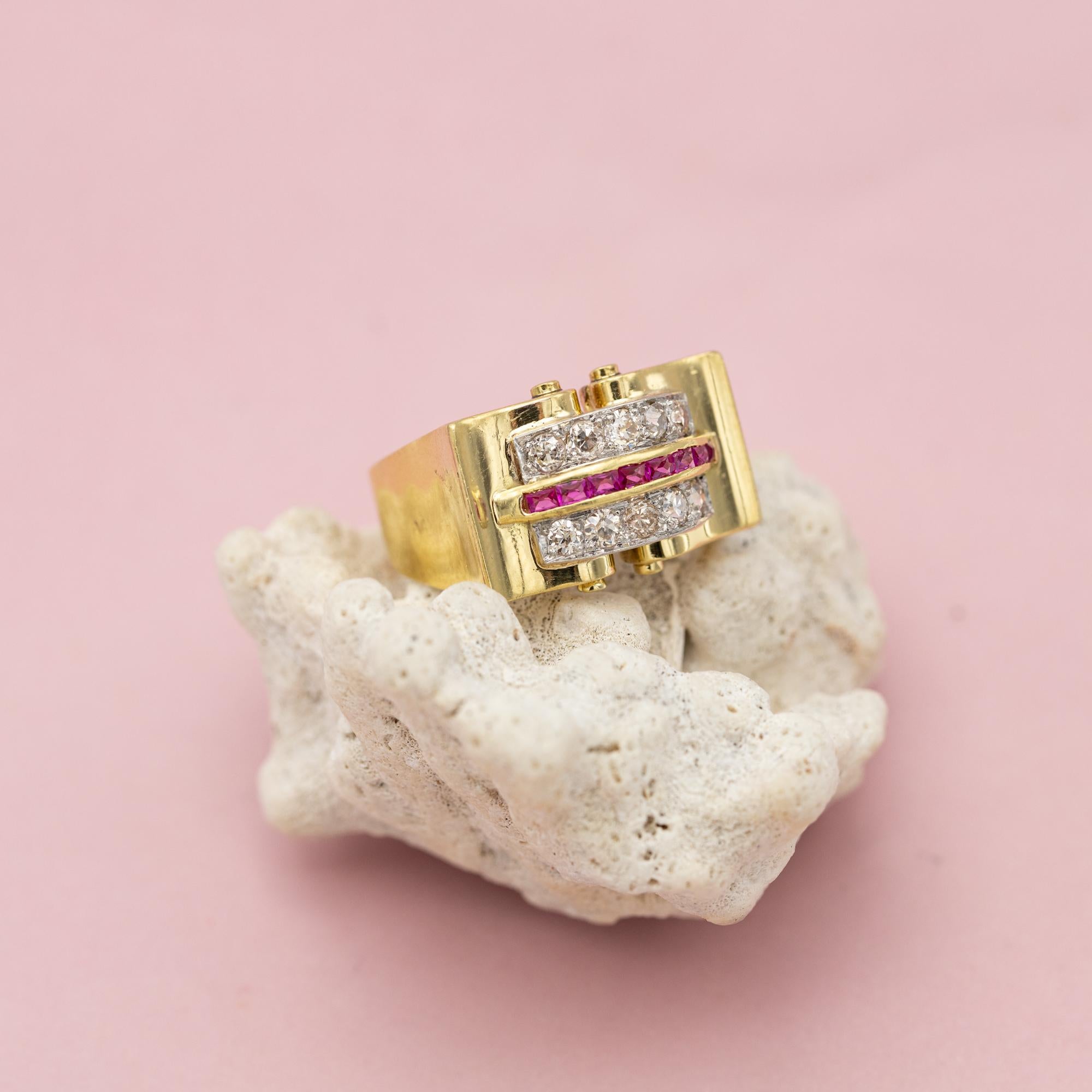 18 karat yellow gold tank ring - Ruby & old cut Diamond - Retro Vintage bow ring 5