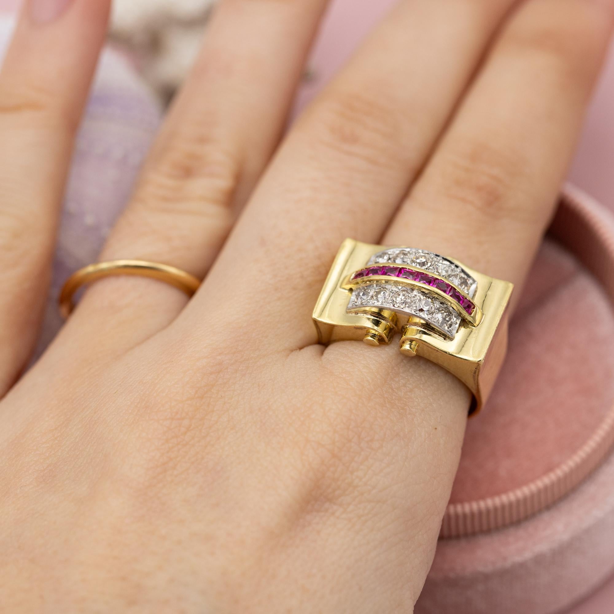 For sale is this lovely bulky old European Cut diamond ring. This Ruby Tank ring is made in 18 karat Yellow gold and marked with an 18k mark. This type of ring is called a Tank ring thanks to to the Tanks of the Second World War. These tank rings