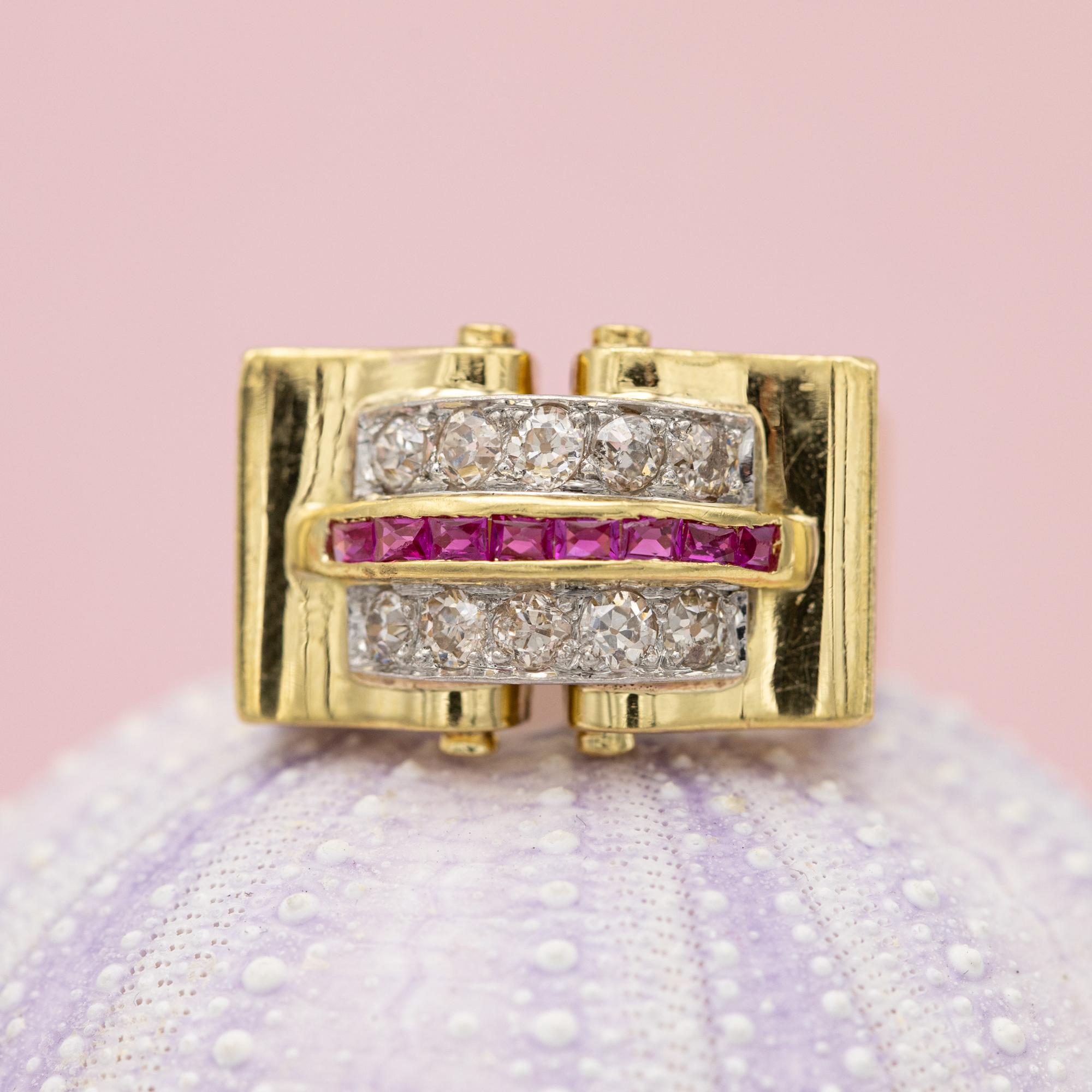 da uomo o donna Anello con carrarmato in oro giallo 18 carati - Rubino e diamante vecchio taglio - Anello con fiocco retrò vintage in vendita