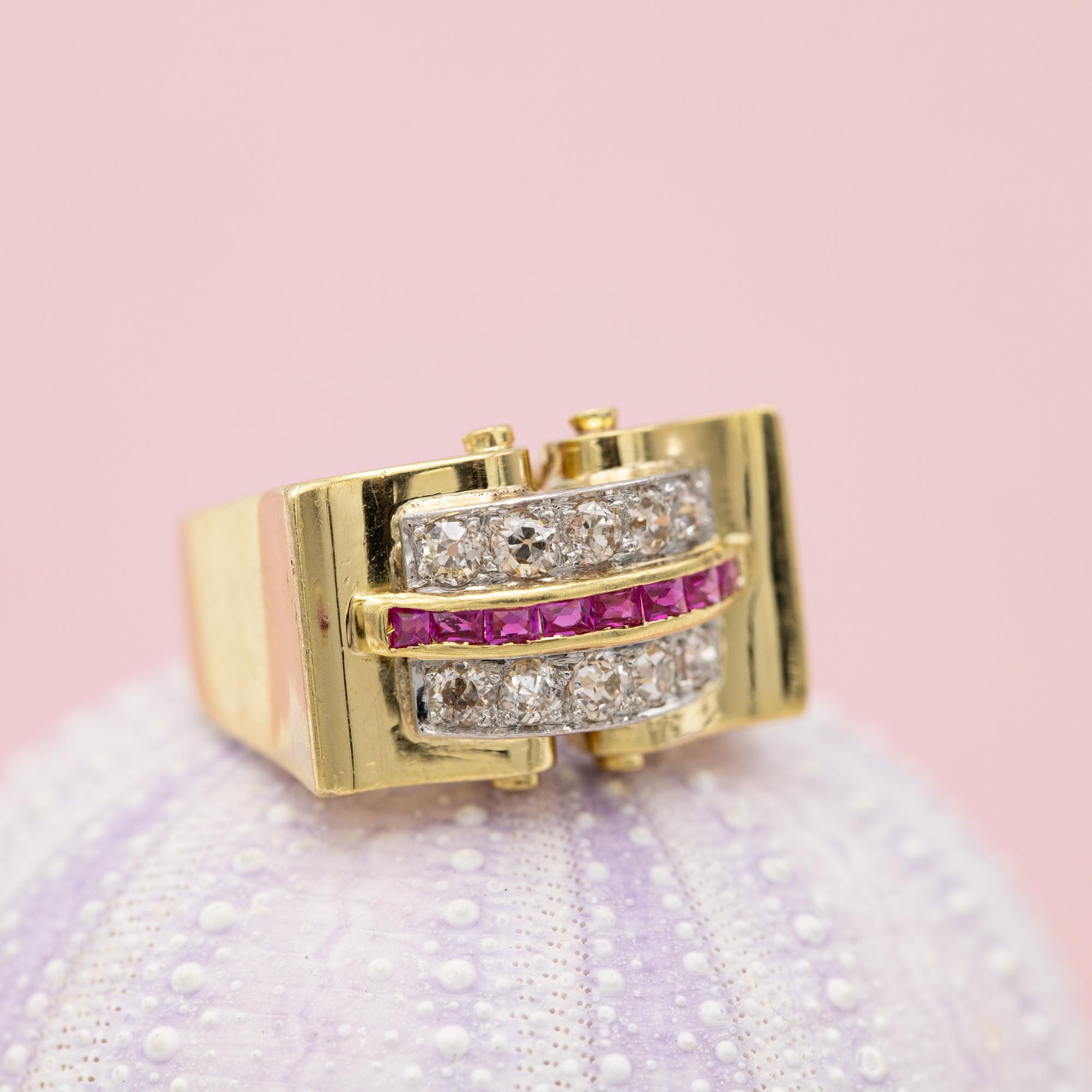 18 karat yellow gold tank ring - Ruby & old cut Diamond - Retro Vintage bow ring 1
