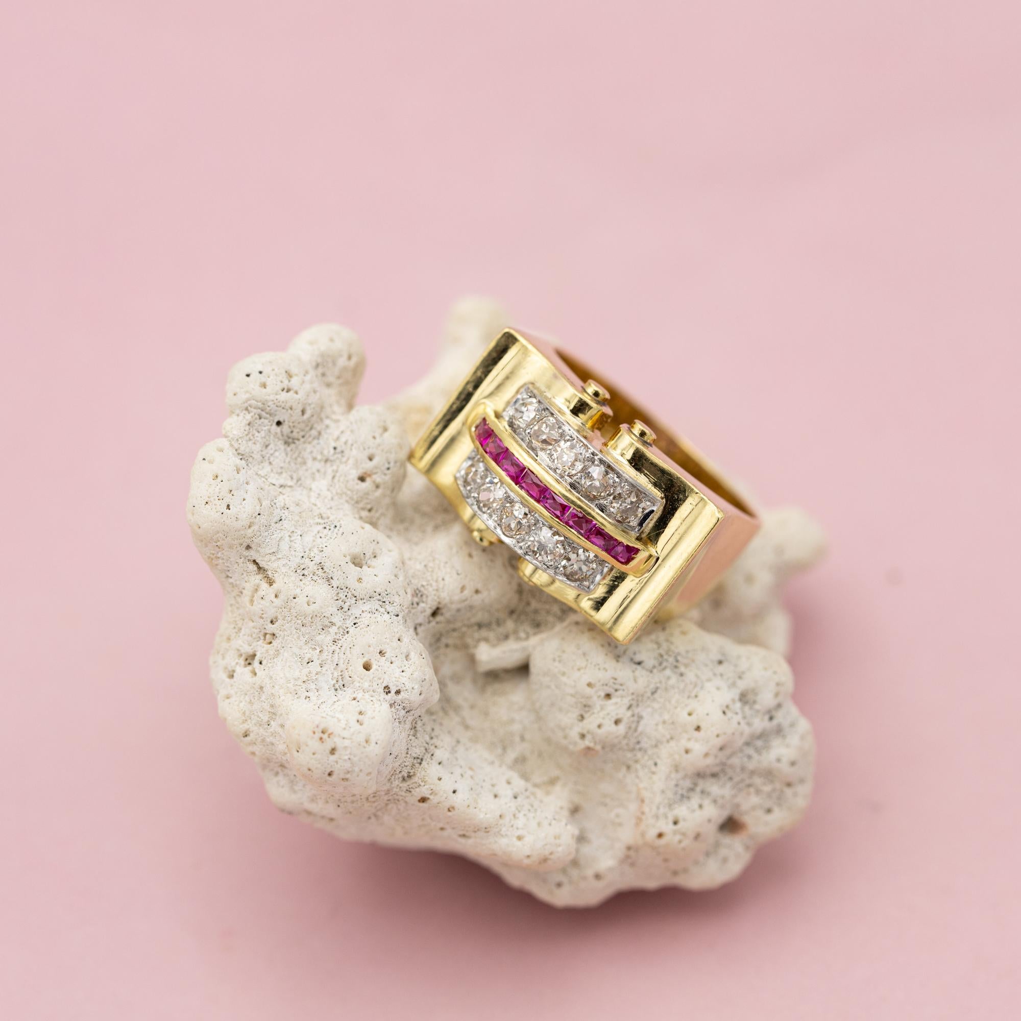 18 karat yellow gold tank ring - Ruby & old cut Diamond - Retro Vintage bow ring 3