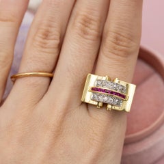 18 Karat Gelbgold Tank-Ring - Rubin & Diamant im Altschliff - Retro Vintage Bogenring