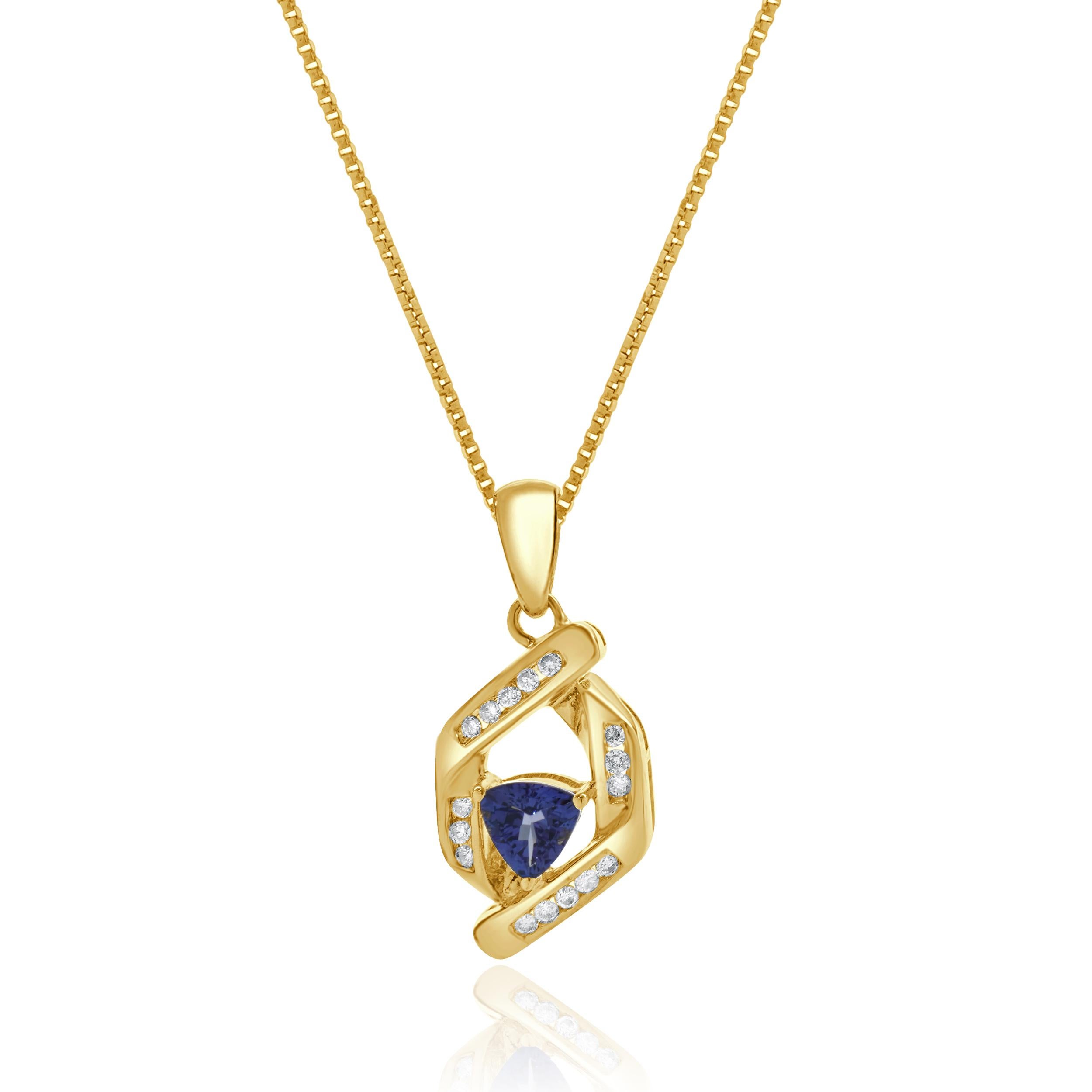 Designer: custom
Material: 18K yellow gold
Diamond: 16 round brilliant cut = 0.16cttw
Color: I / J
Clarity: SI2
Tanzanite: 1 trillion cut = 0.45ct
Dimensions: necklace measures 16-inches in length
Weight: 6.19 grams
