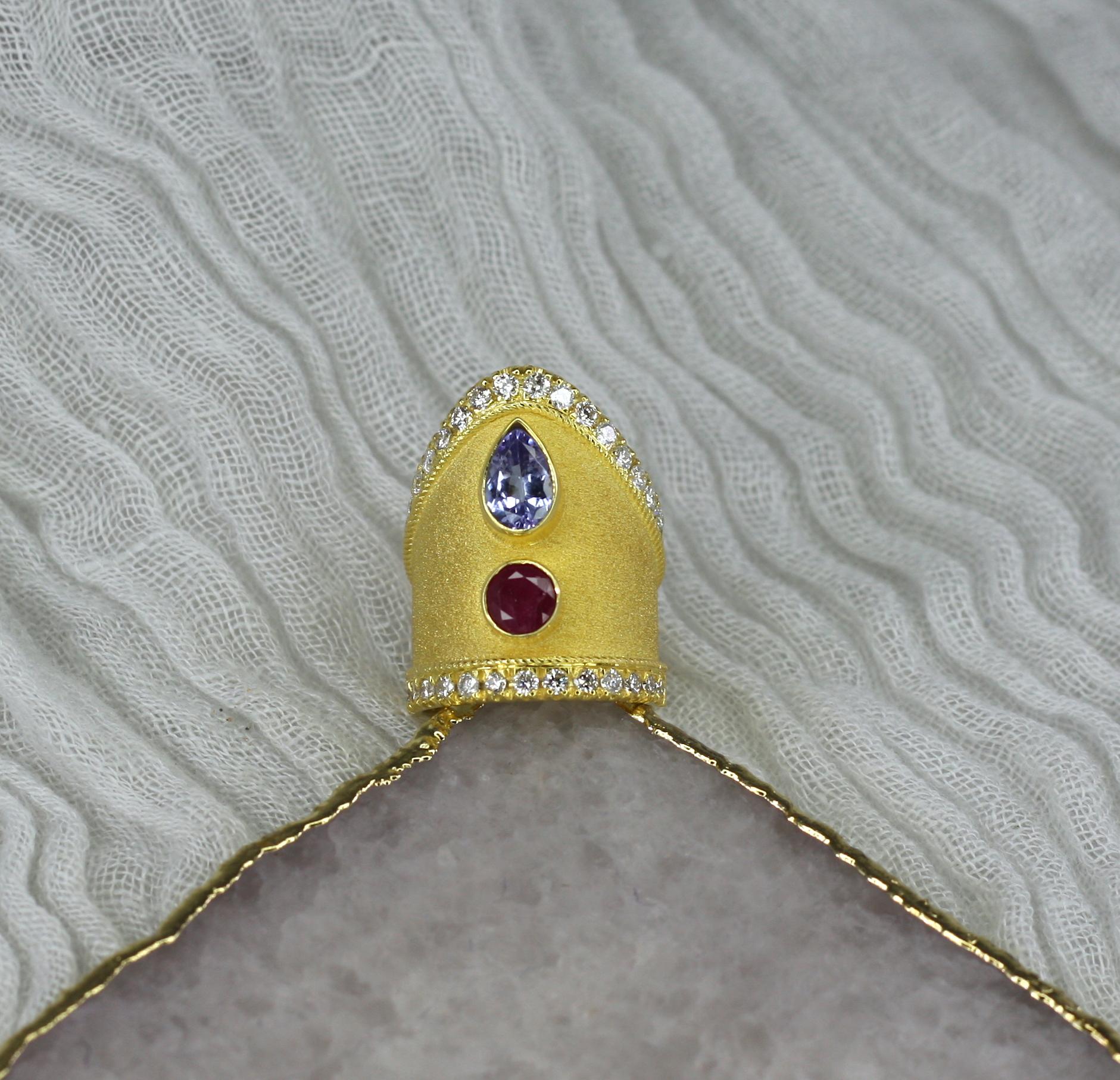 Georgios Collections 18 Karat Yellow Gold Tanzanite Ruby Diamond Byzantine Ring  For Sale 6