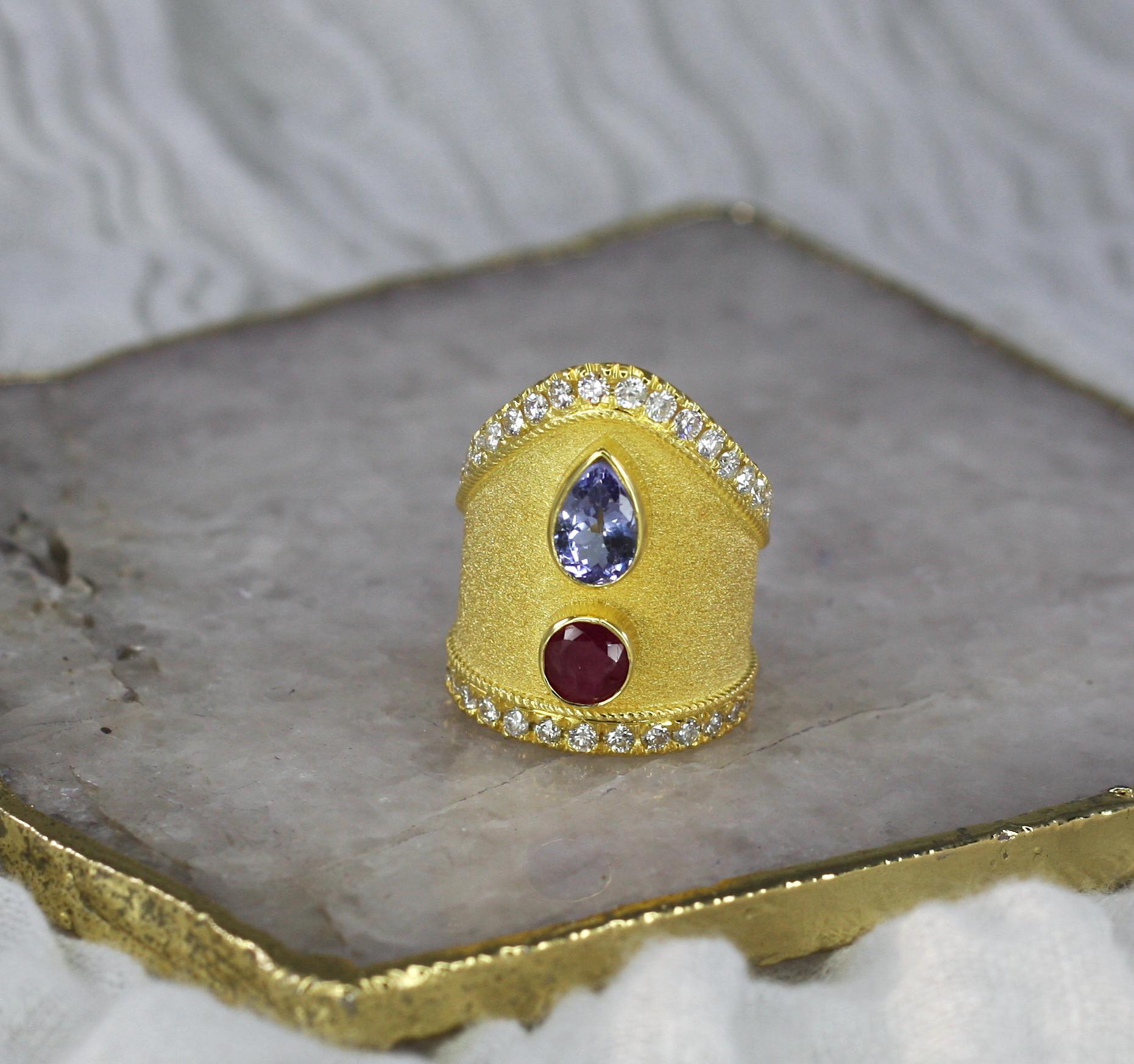 Georgios Collections 18 Karat Yellow Gold Tanzanite Ruby Diamond Byzantine Ring  For Sale 8