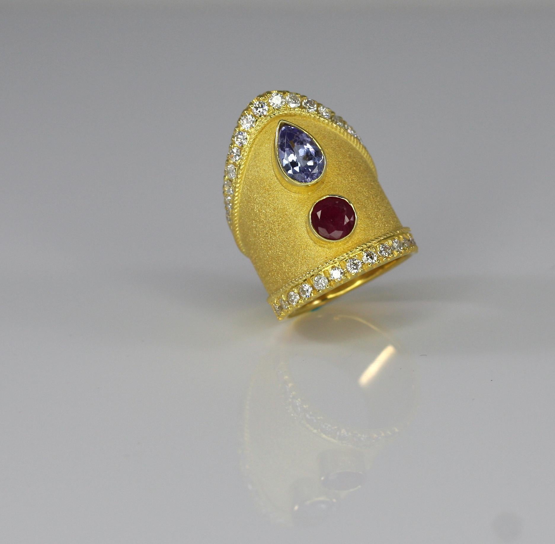 Georgios Collections 18 Karat Yellow Gold Tanzanite Ruby Diamond Byzantine Ring  For Sale 7
