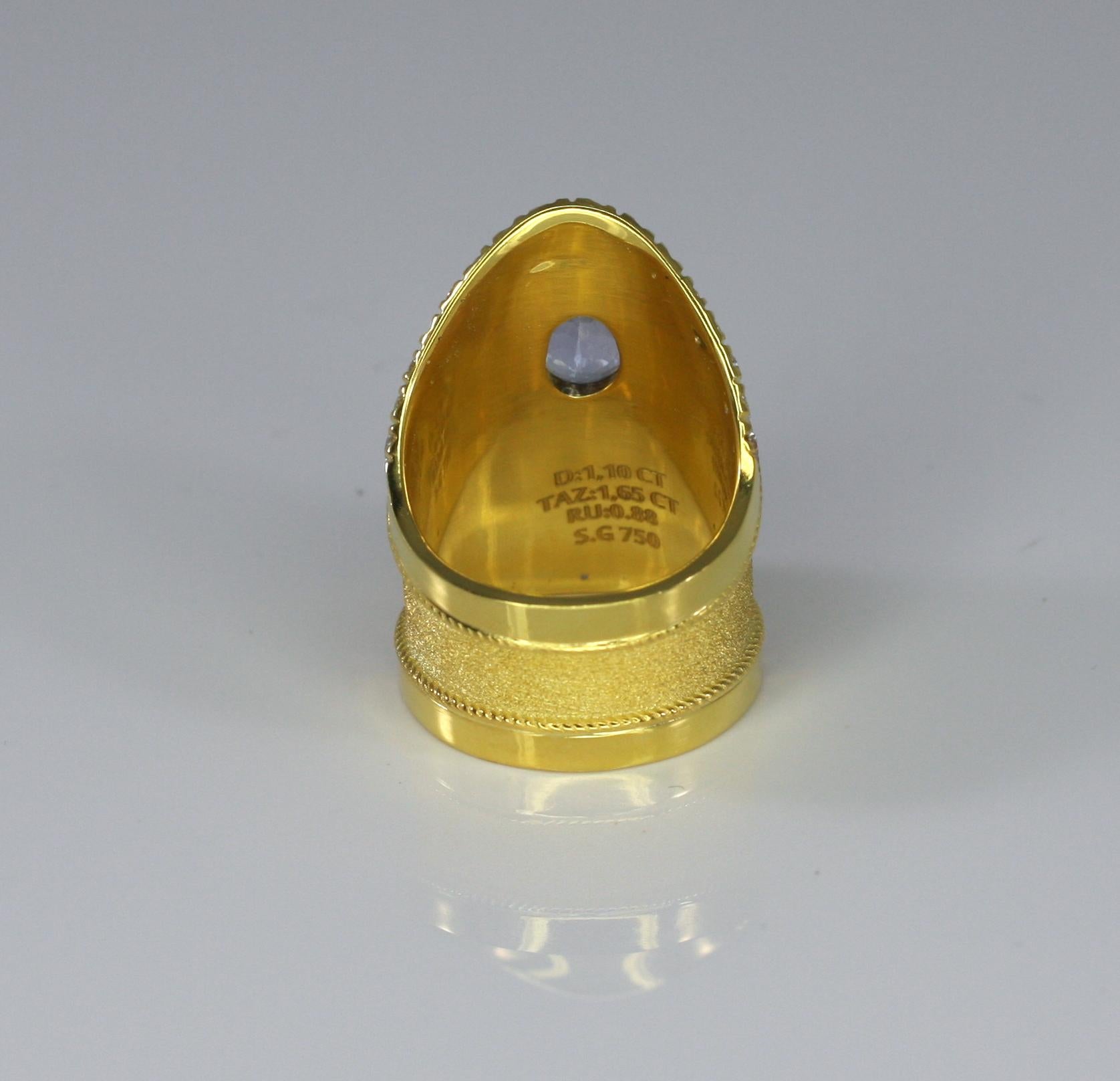 Round Cut Georgios Collections 18 Karat Yellow Gold Tanzanite Ruby Diamond Byzantine Ring  For Sale