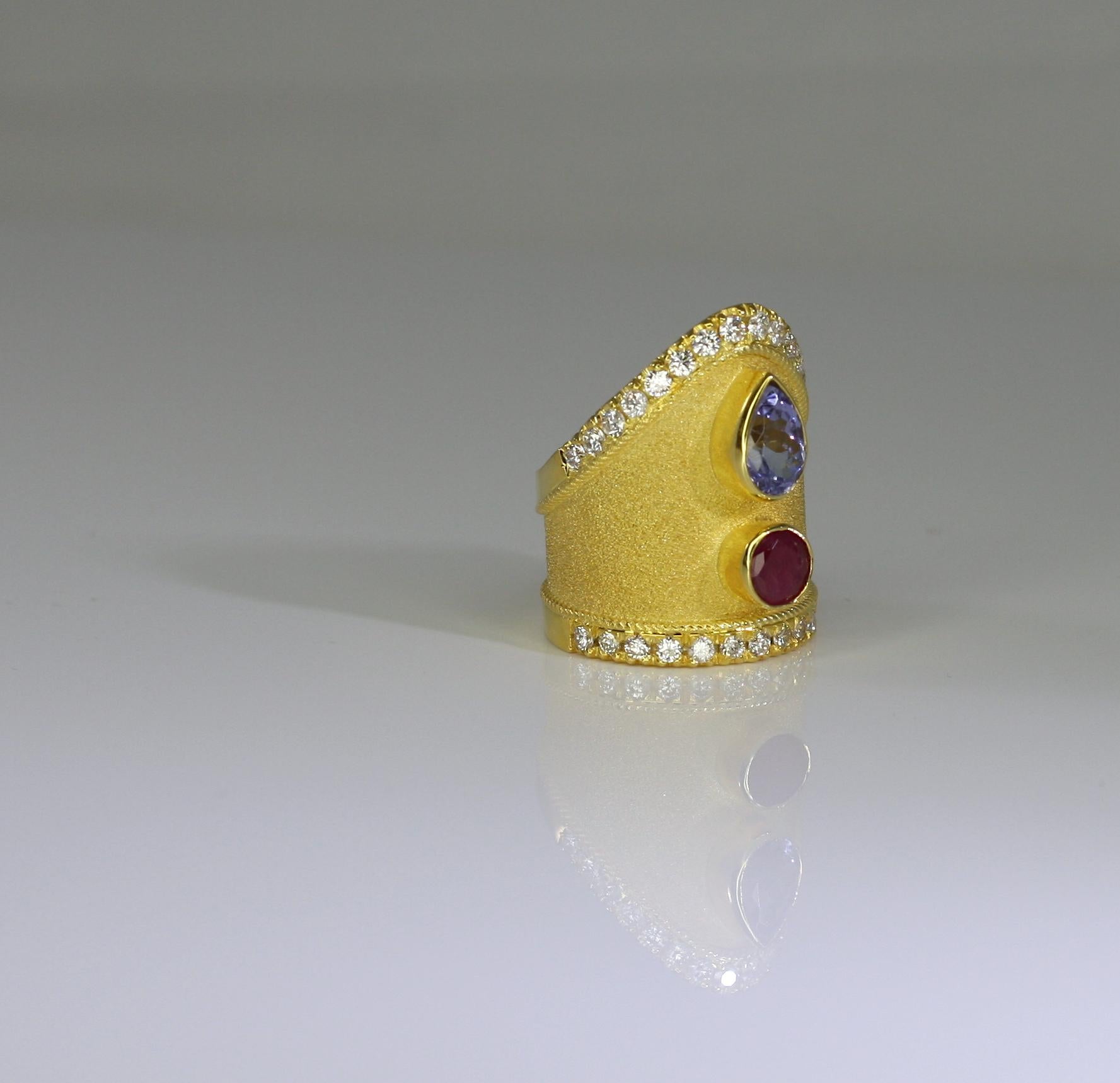 Georgios Collections 18 Karat Yellow Gold Tanzanite Ruby Diamond Byzantine Ring  For Sale 2