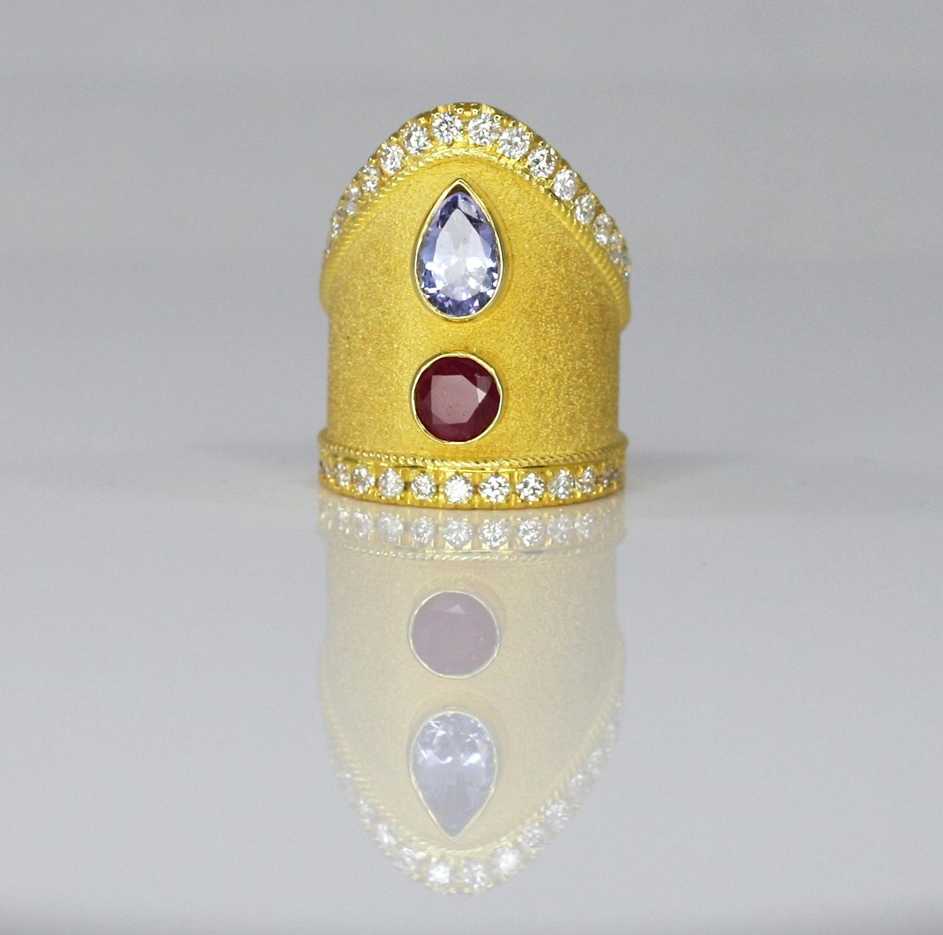 Georgios Collections 18 Karat Yellow Gold Tanzanite Ruby Diamond Byzantine Ring  For Sale 3