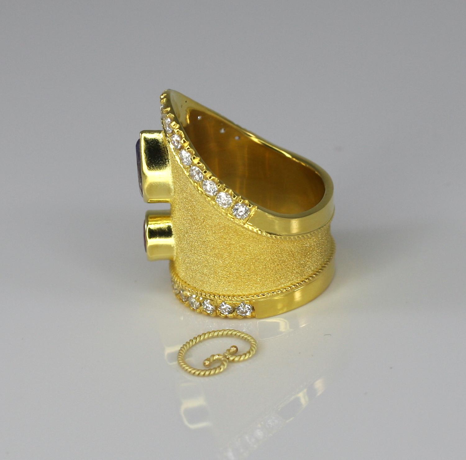 Georgios Collections 18 Karat Yellow Gold Tanzanite Ruby Diamond Byzantine Ring  For Sale 4