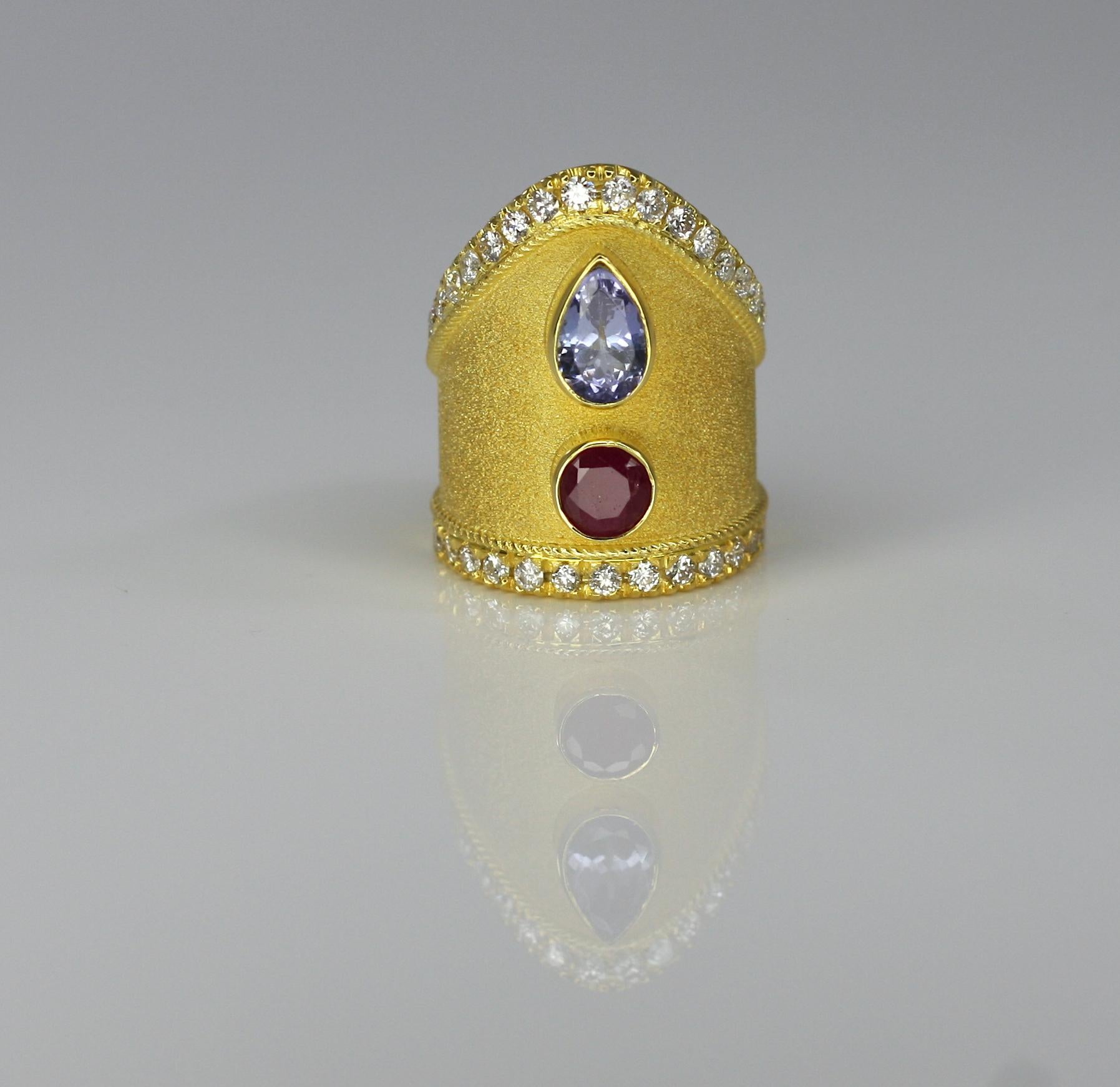 Georgios Collections 18 Karat Yellow Gold Tanzanite Ruby Diamond Byzantine Ring  For Sale 5