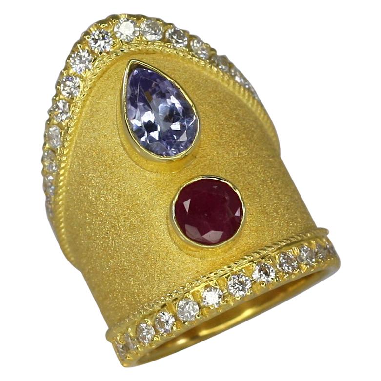 Georgios Collections 18 Karat Yellow Gold Tanzanite Ruby Diamond Byzantine Ring 