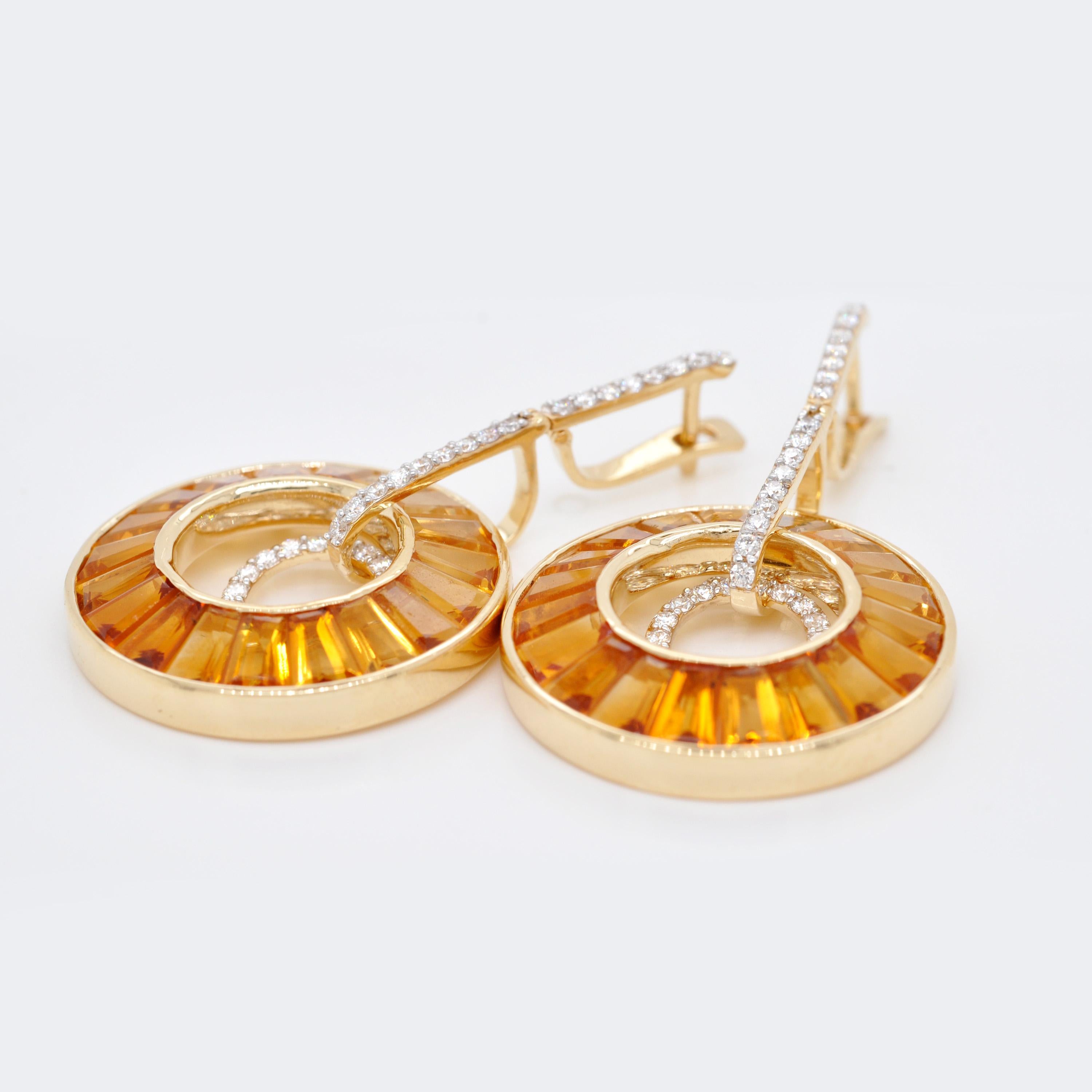 Taille navette Pendants d'oreilles en or jaune 14 carats avec citrine baguette et diamants en vente