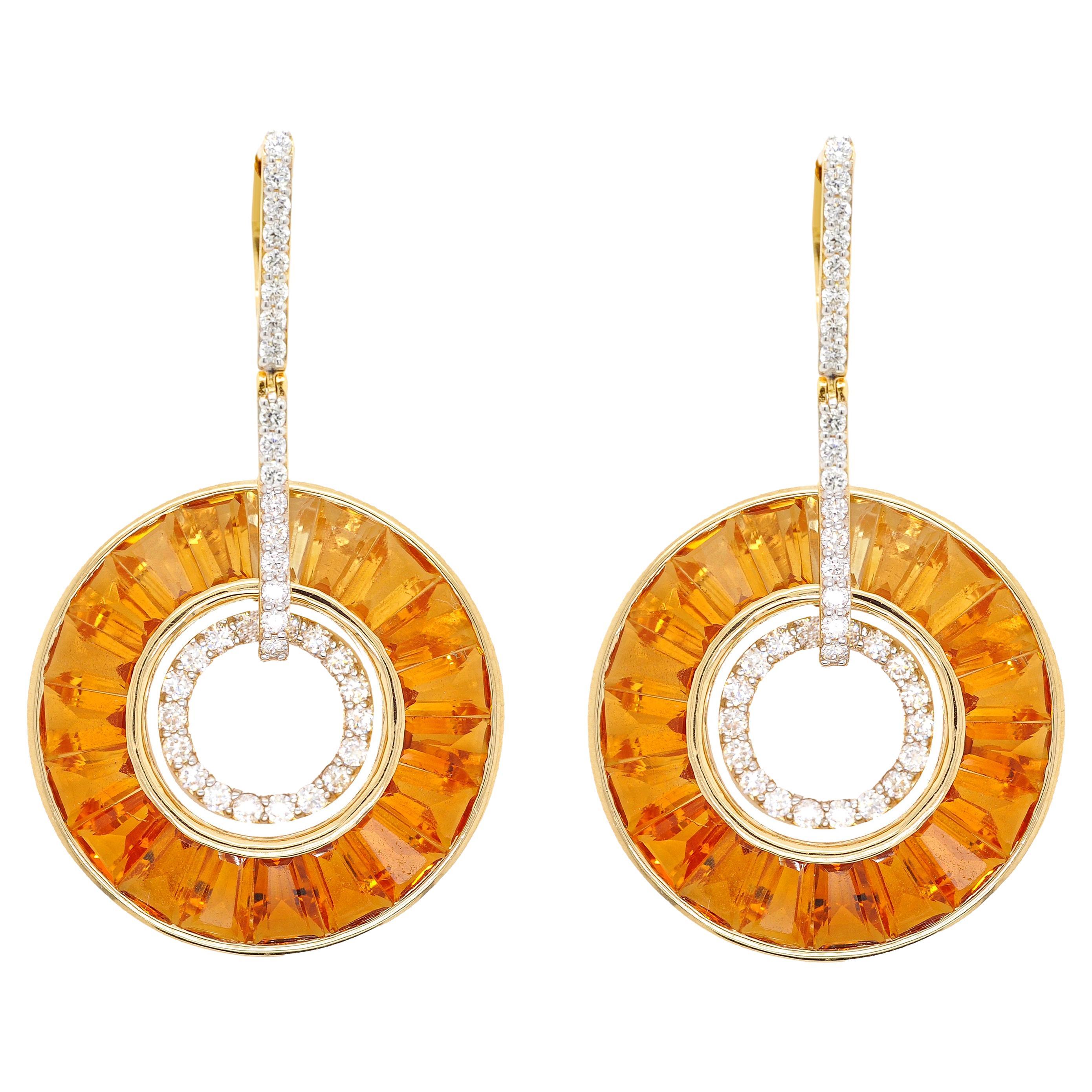 Pendientes Círculos Cónicos de Oro Amarillo de 14 Kilates Baguette Citrino Diamante Colgante