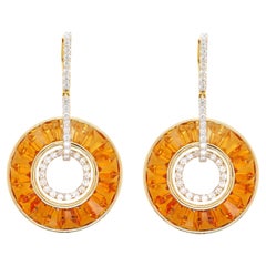 Pendientes Círculos Cónicos de Oro Amarillo de 14 Kilates Baguette Citrino Diamante Colgante