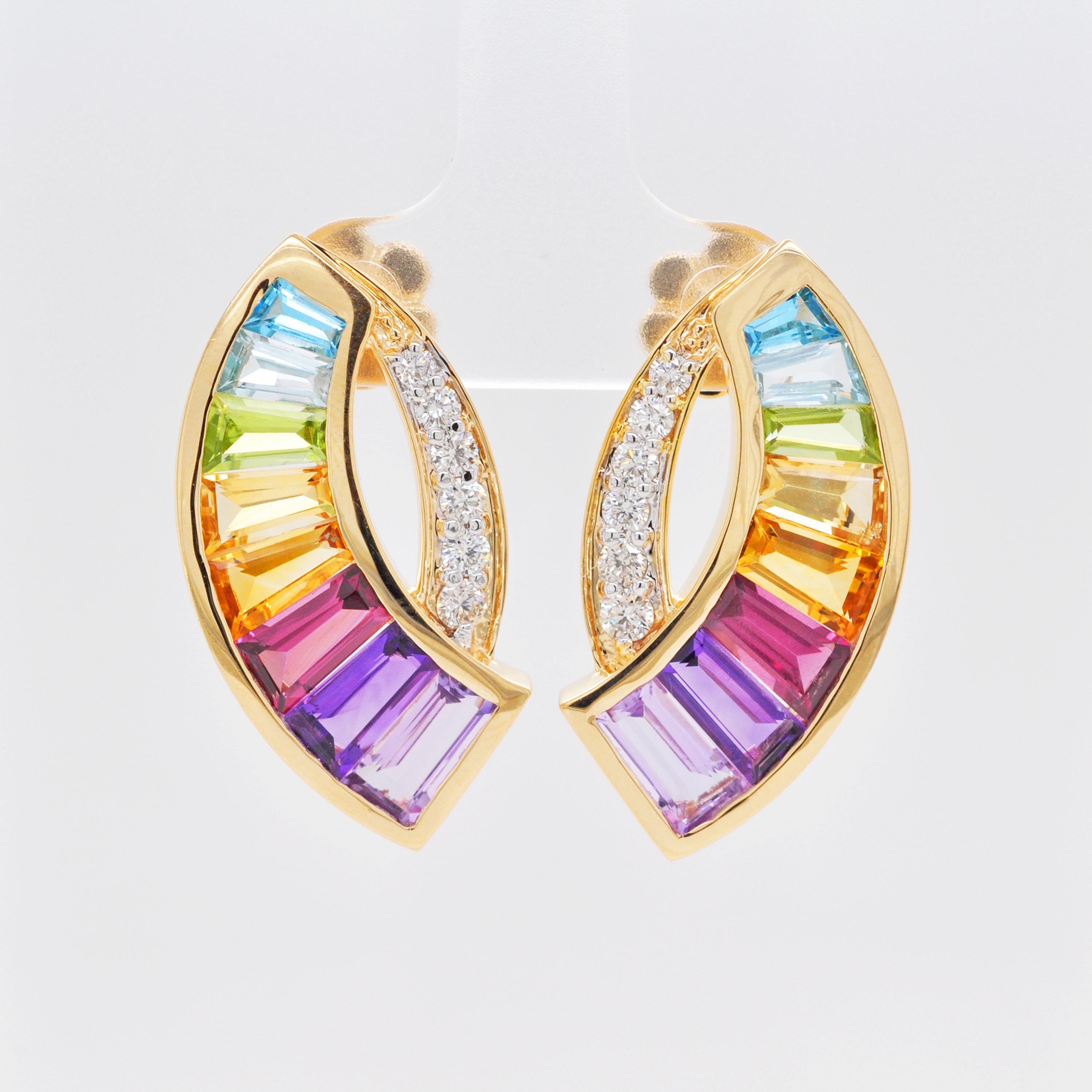 18 Karat Yellow Gold Taper Baguette Rainbow Gemstones Modern Curve Stud Earrings For Sale 3