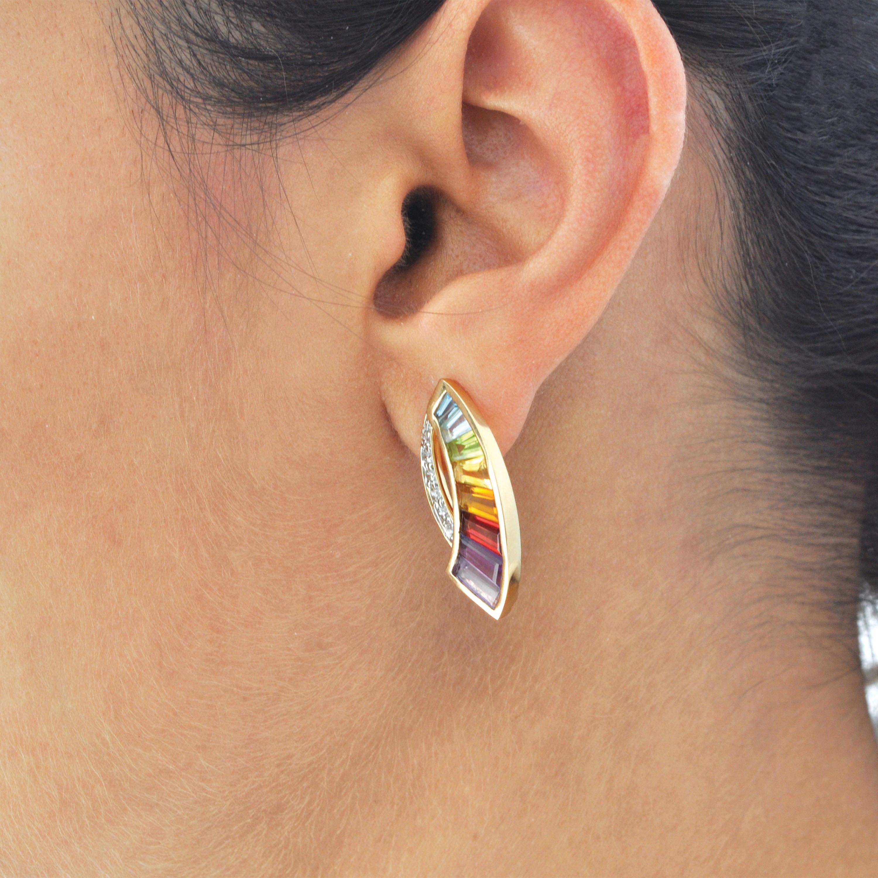 Contemporary 18 Karat Yellow Gold Taper Baguette Rainbow Gemstones Modern Curve Stud Earrings For Sale