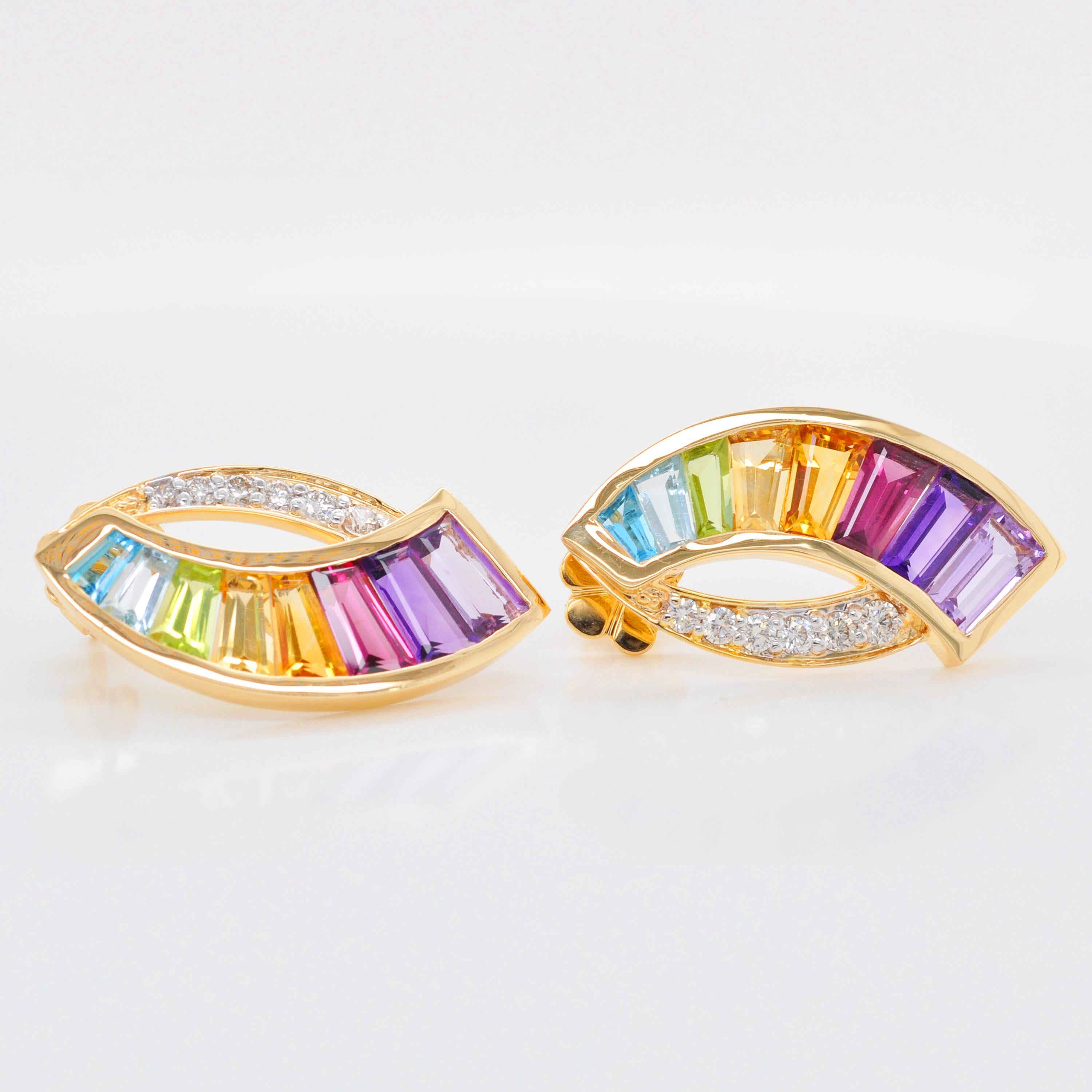 18 Karat Yellow Gold Taper Baguette Rainbow Gemstones Modern Curve Stud Earrings In New Condition For Sale In Jaipur, Rajasthan