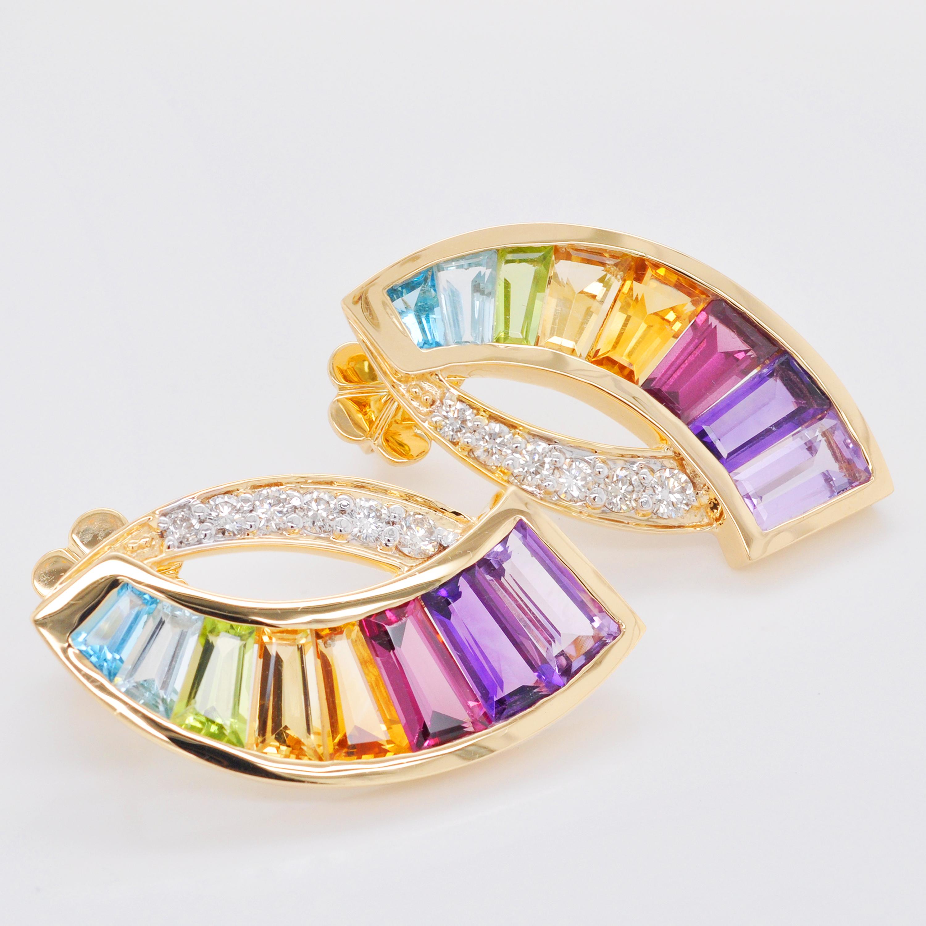 Women's 18 Karat Yellow Gold Taper Baguette Rainbow Gemstones Modern Curve Stud Earrings For Sale