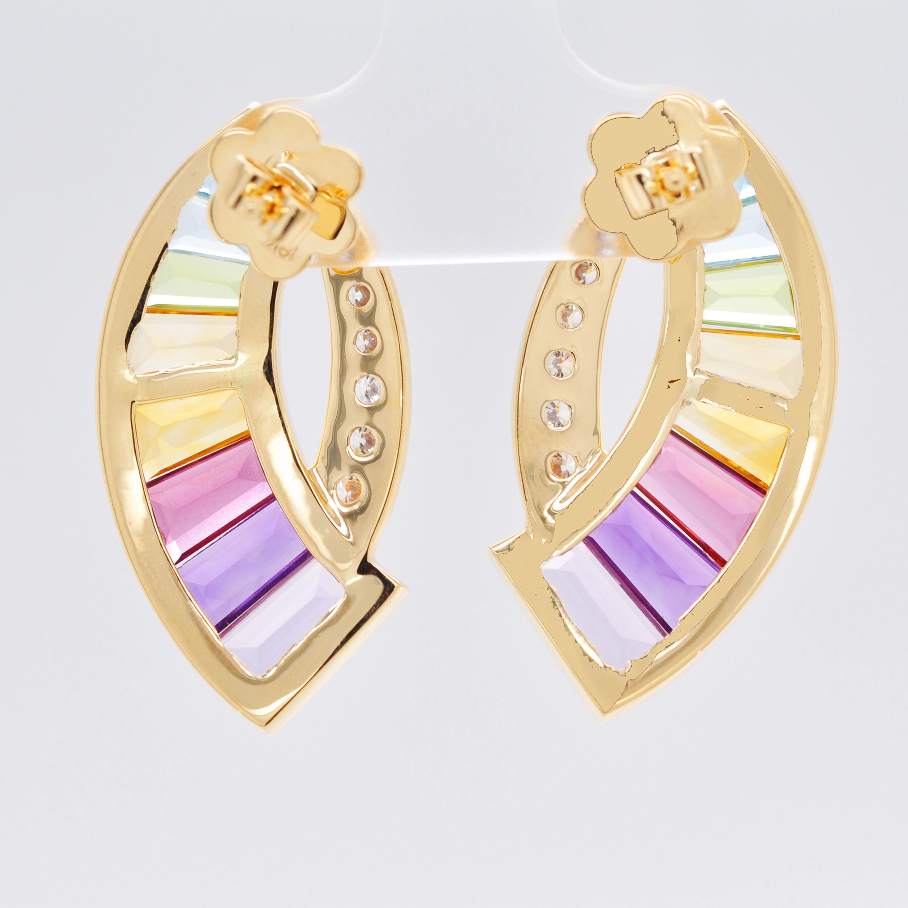 18 Karat Yellow Gold Taper Baguette Rainbow Gemstones Modern Curve Stud Earrings For Sale 1