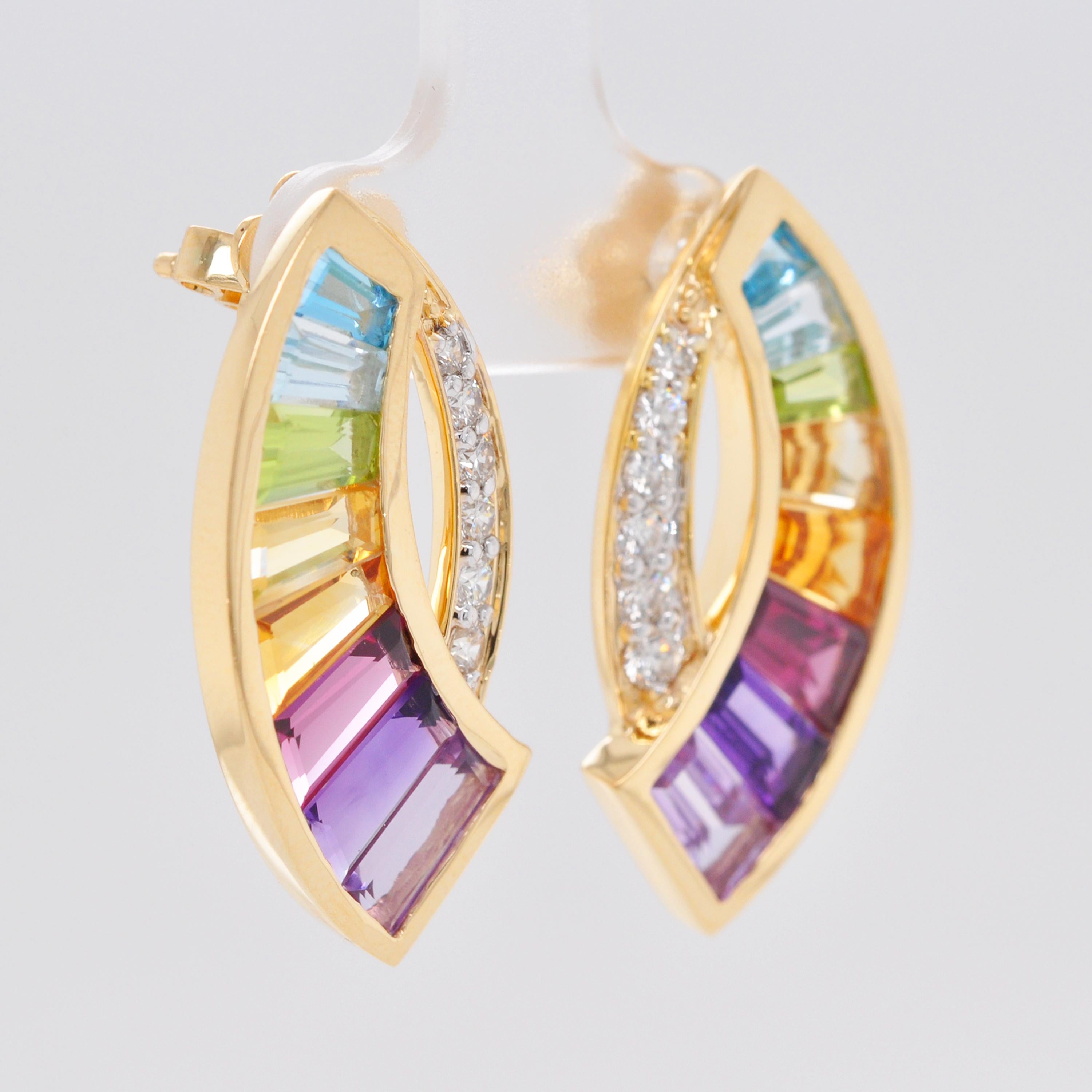 18 Karat Yellow Gold Taper Baguette Rainbow Gemstones Modern Curve Stud Earrings For Sale 2