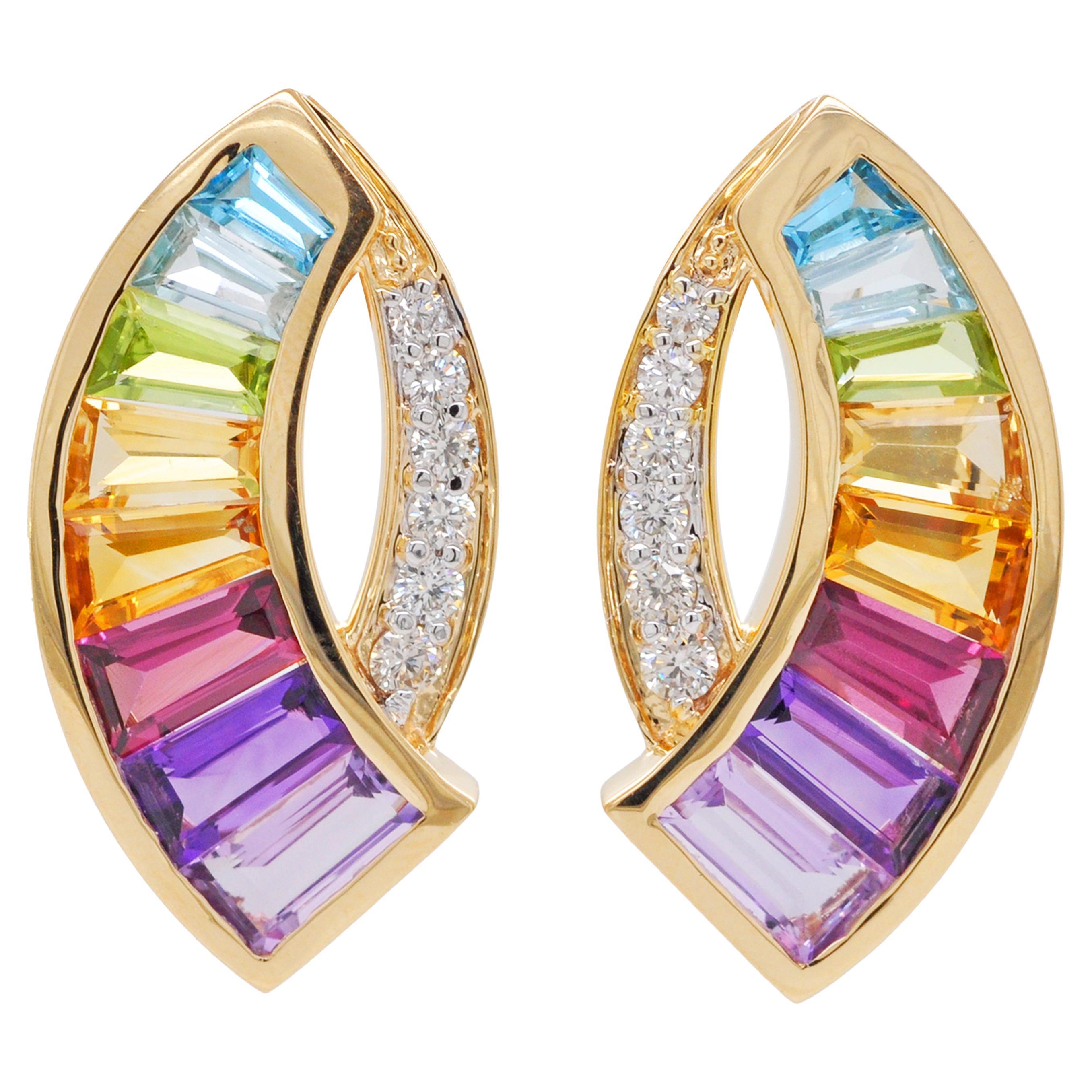 18 Karat Yellow Gold Taper Baguette Rainbow Gemstones Modern Curve Stud Earrings For Sale