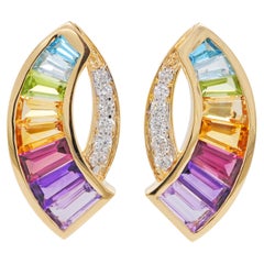 18 Karat Yellow Gold Taper Baguette Rainbow Gemstones Modern Curve Stud Earrings