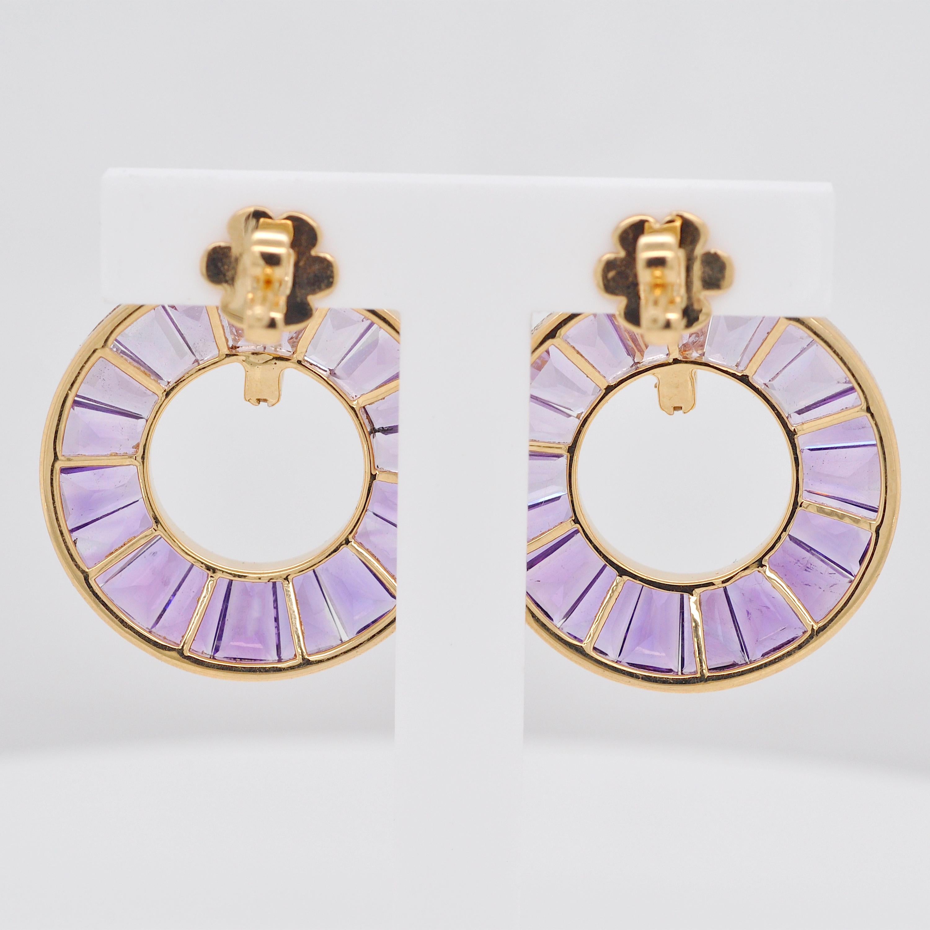 18 Karat Yellow Gold Tapered Baguettes Amethyst Diamond Circle Earrings For Sale 5