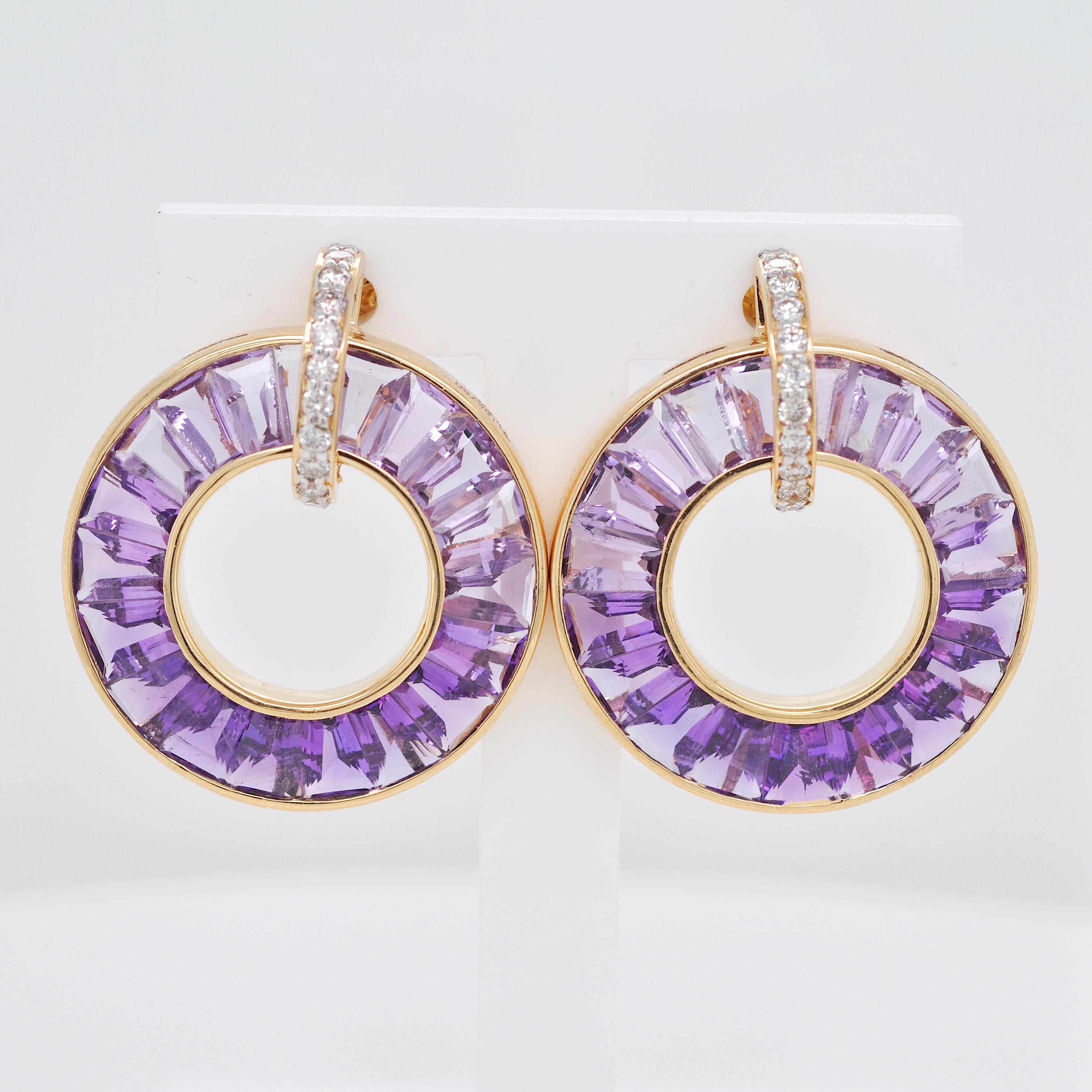 18 Karat Yellow Gold Tapered Baguettes Amethyst Diamond Circle Earrings For Sale 6