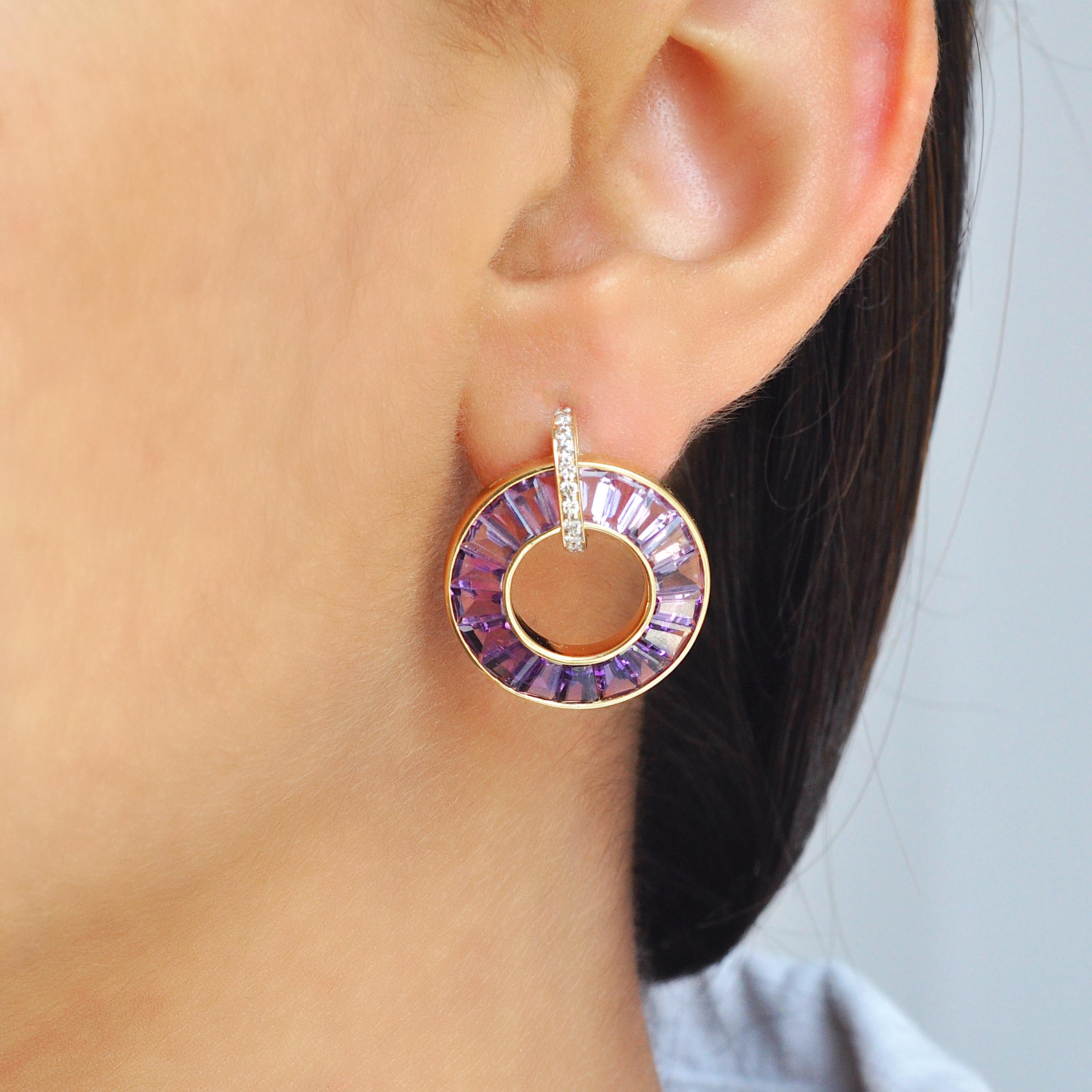 14 Karat Rose Gold Tapered Baguettes Amethyst Diamond Circle Earrings For Sale 7