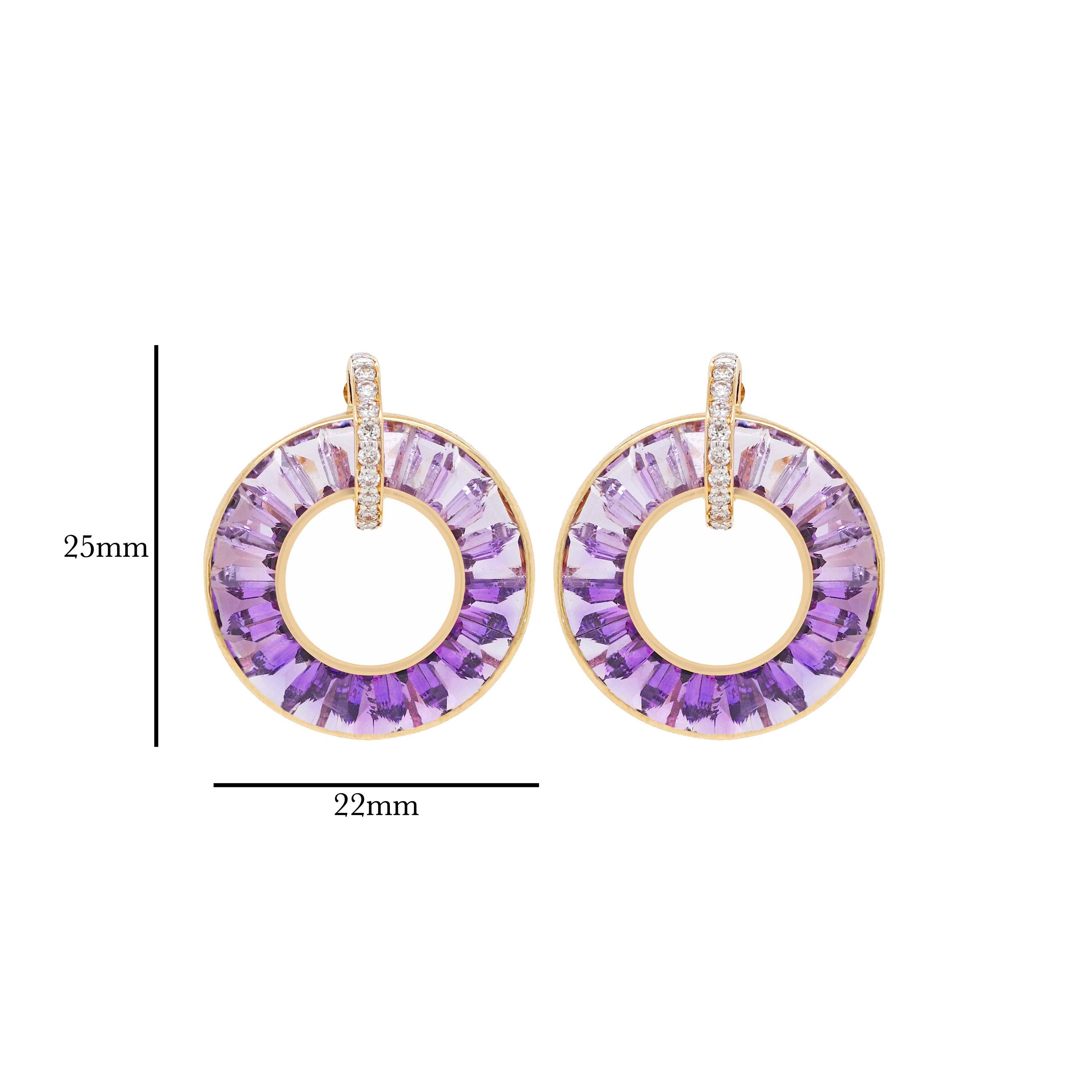 18 Karat Yellow Gold Tapered Baguettes Amethyst Diamond Circle Earrings In New Condition For Sale In Jaipur, Rajasthan