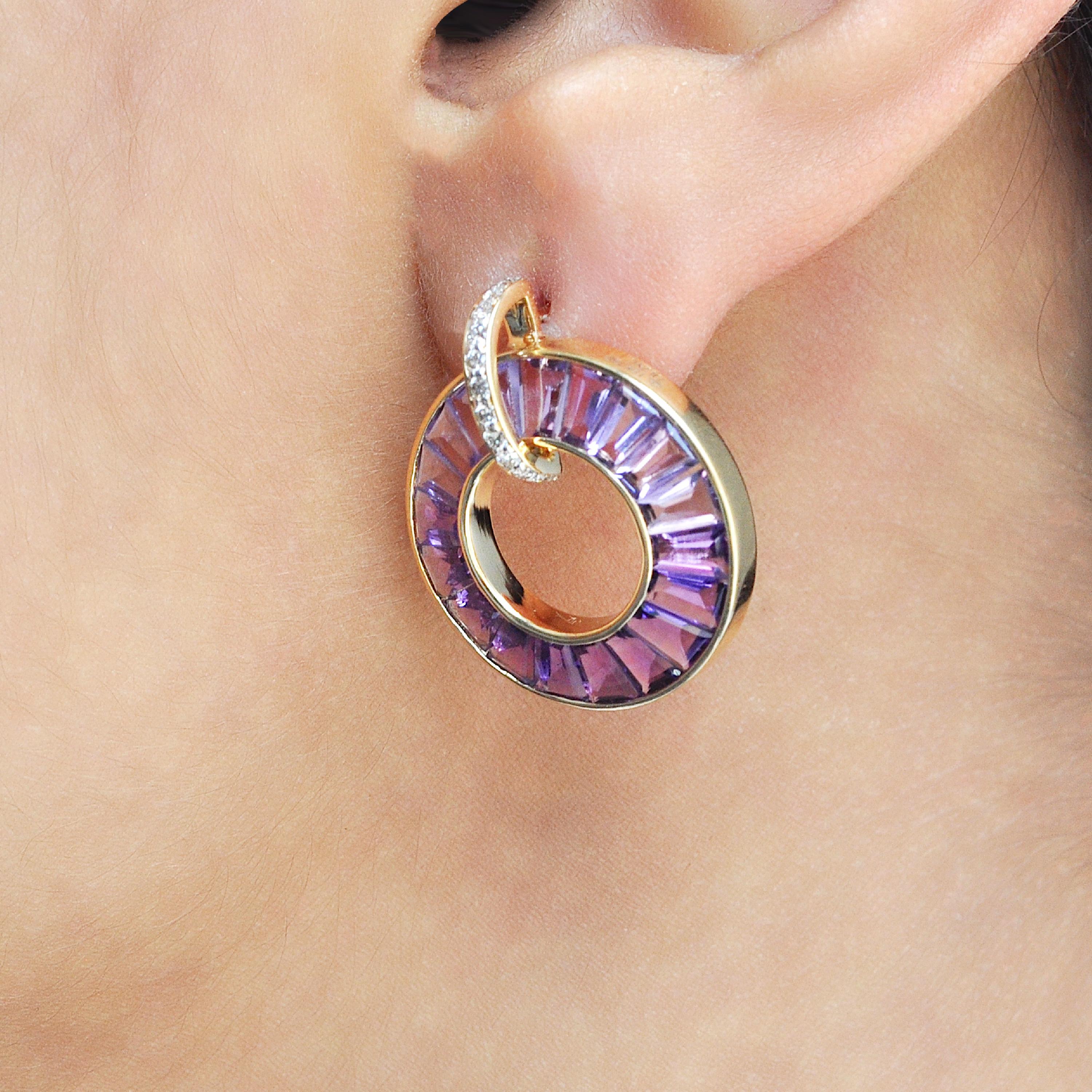 Women's 14 Karat Rose Gold Tapered Baguettes Amethyst Diamond Circle Earrings For Sale